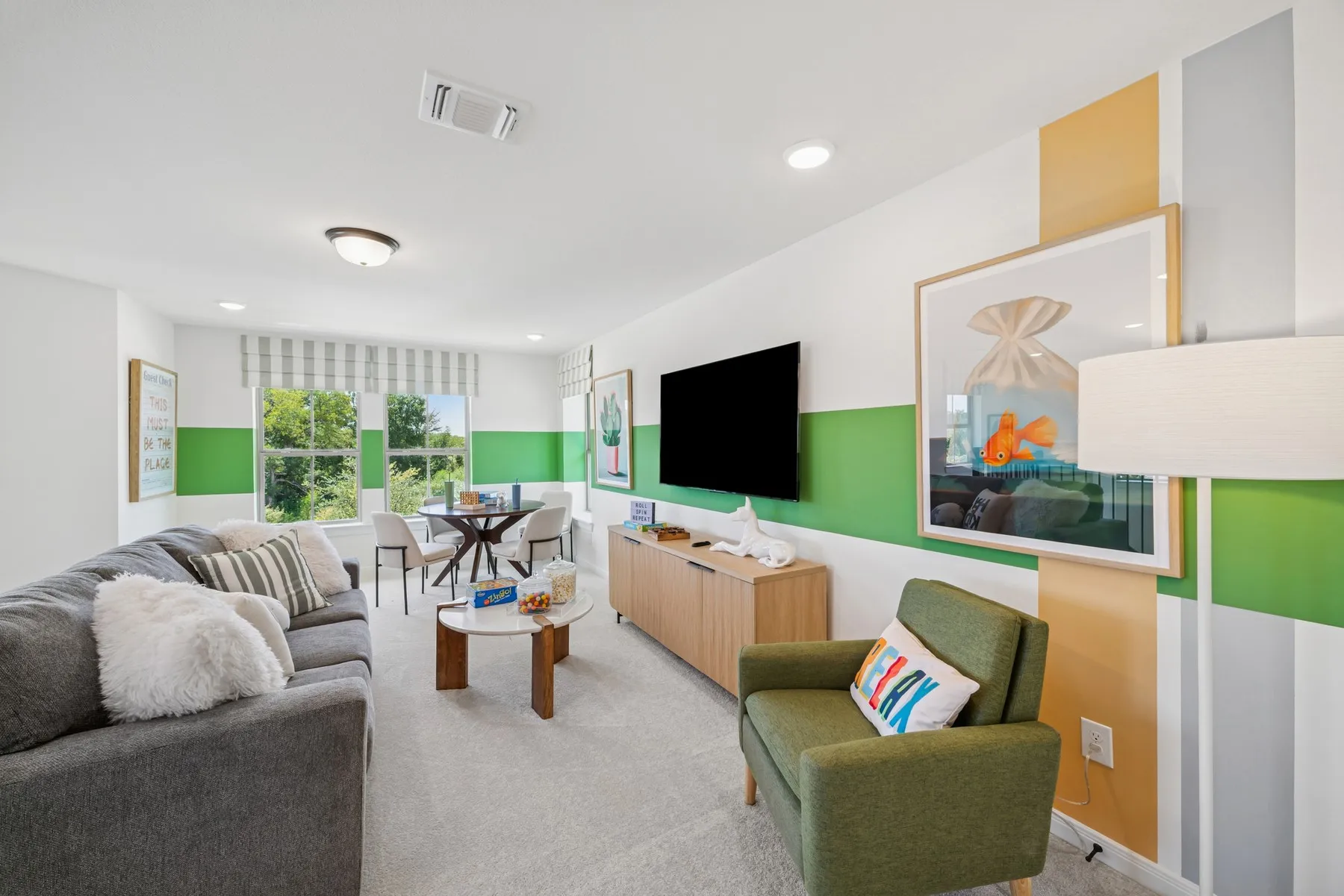 Carpeted interior space featuring recessed lighting and a flush-mount ceiling fixture