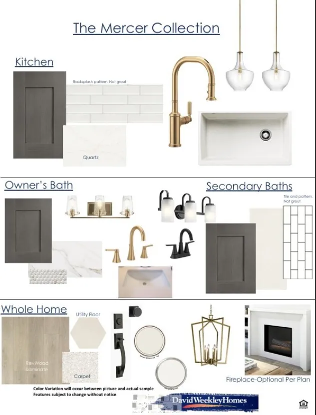 Design Selection Sheet, The Mercer Collection. Presenting material and fixture options for various areas of the property
