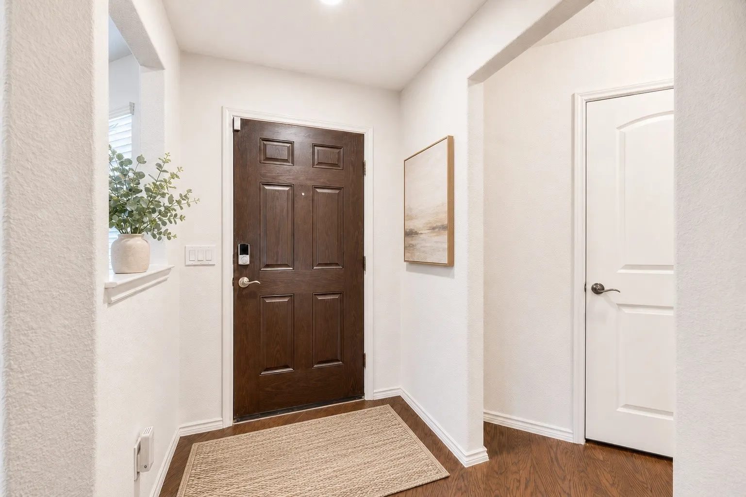 Entryway featuring a rich dark wood-finish door with recessed panels, dark wood-finish flooring, and white baseboards