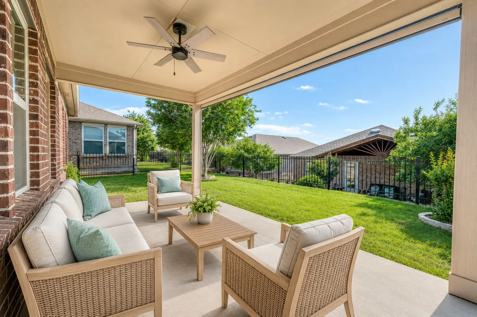 Covered patio with a ceiling fan, brick exterior, concrete flooring, and an expansive lawn