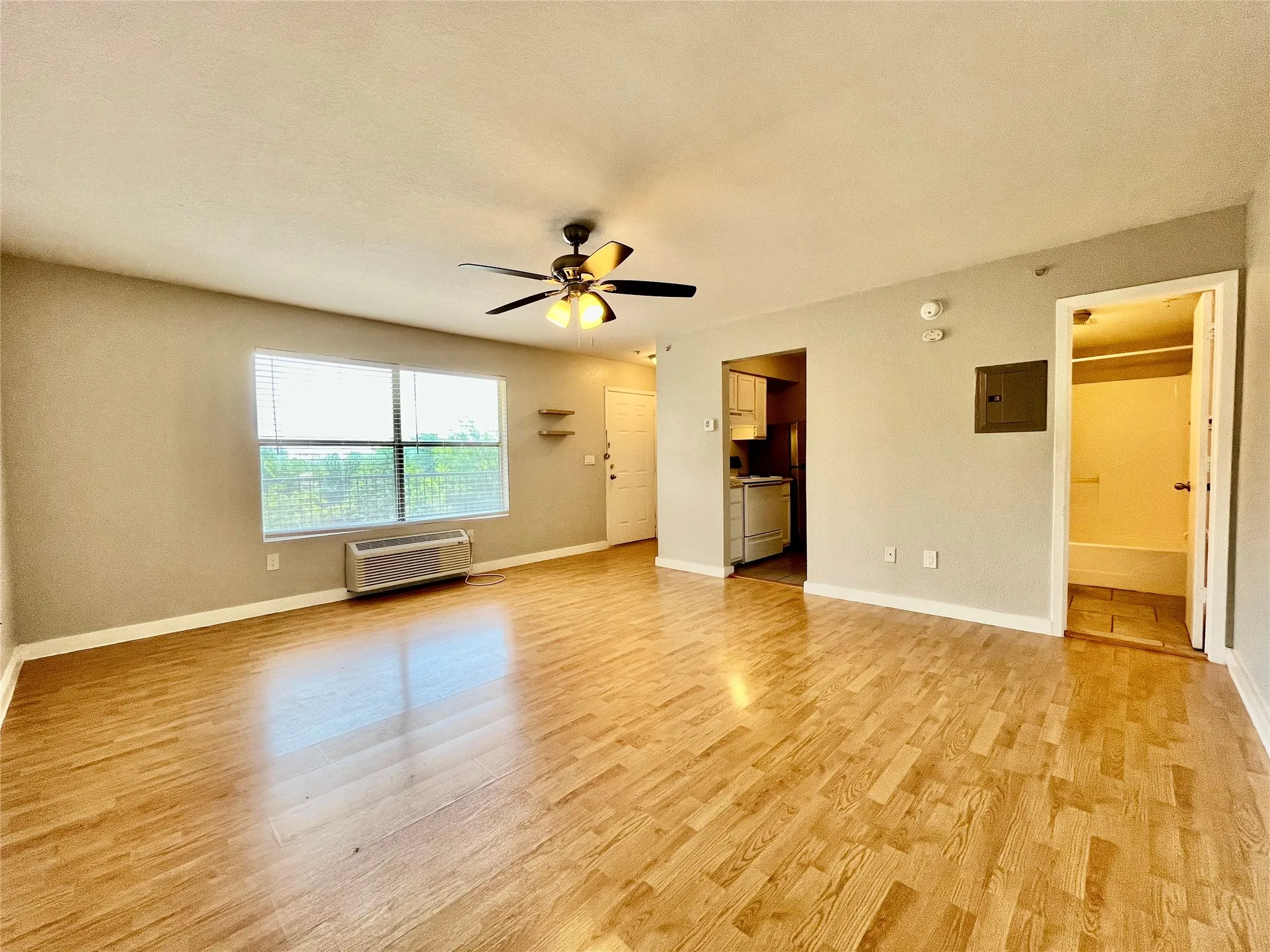 Spacious secondary angle of the living room highlighting the modern ceiling fan and versatile layout.