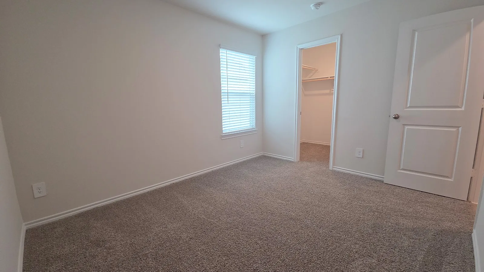 Carpeted interior room featuring light-toned walls, a window with horizontal blinds, and a walk-in closet with built-in shelving