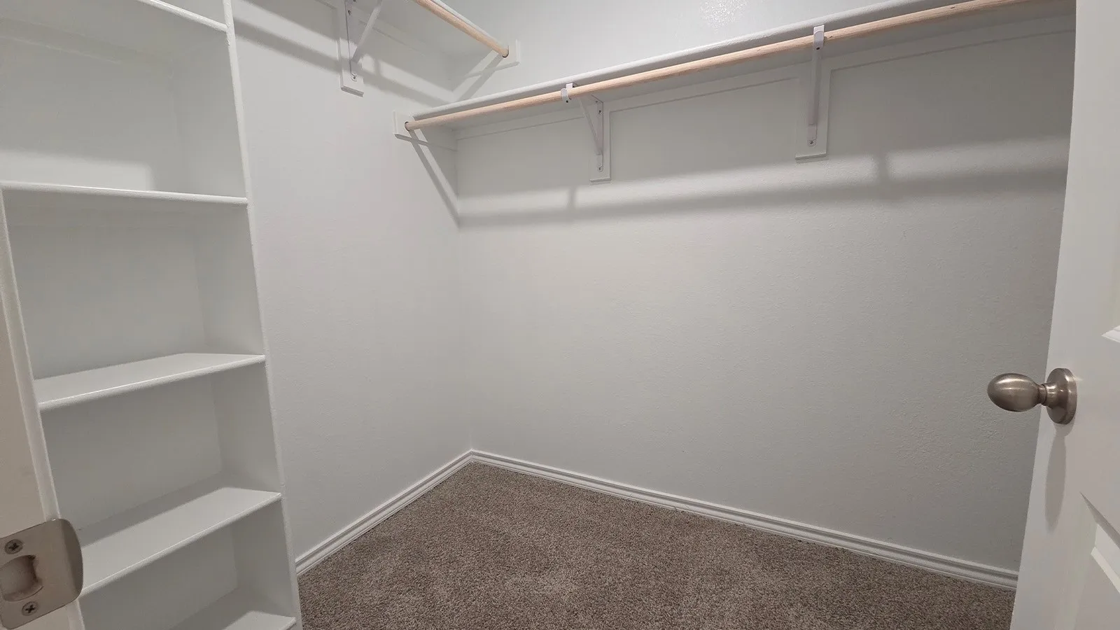Interior closet featuring built-in shelving, two clothing rods, and wall-to-wall carpeting