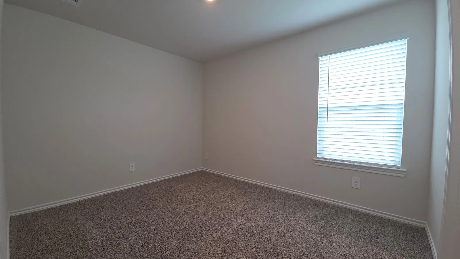Carpeted interior room with neutral-toned walls, a single window with horizontal blinds, and white baseboards