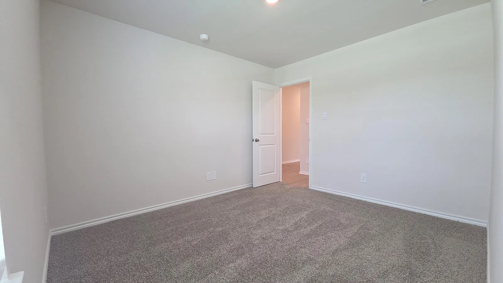 Carpeted room featuring light gray walls, white trim, and a white paneled door