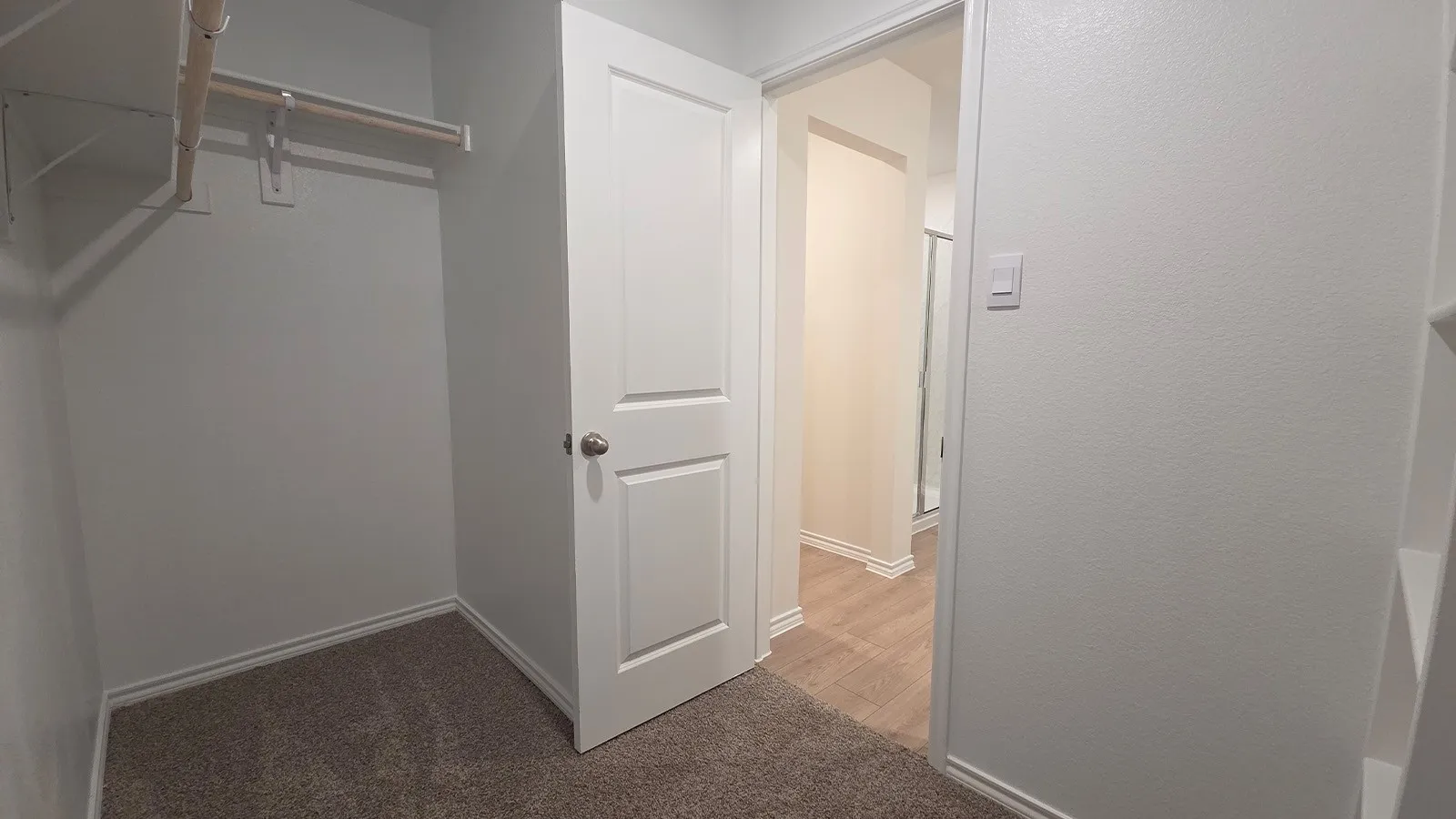 Walk-in closet with carpet flooring, white walls, and a built-in hanging rod