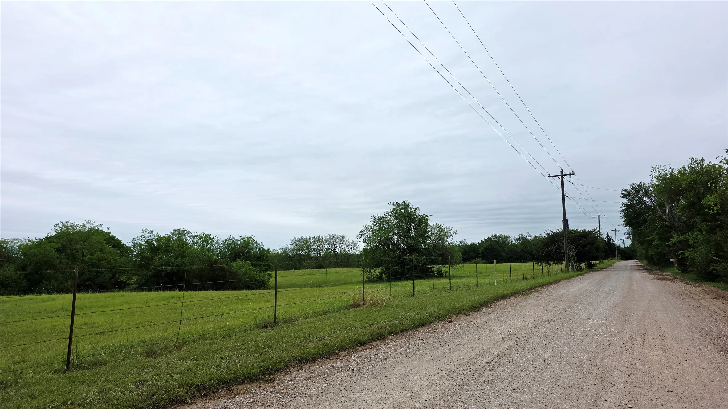 Expansive green field bordered by a wire fence and mature trees