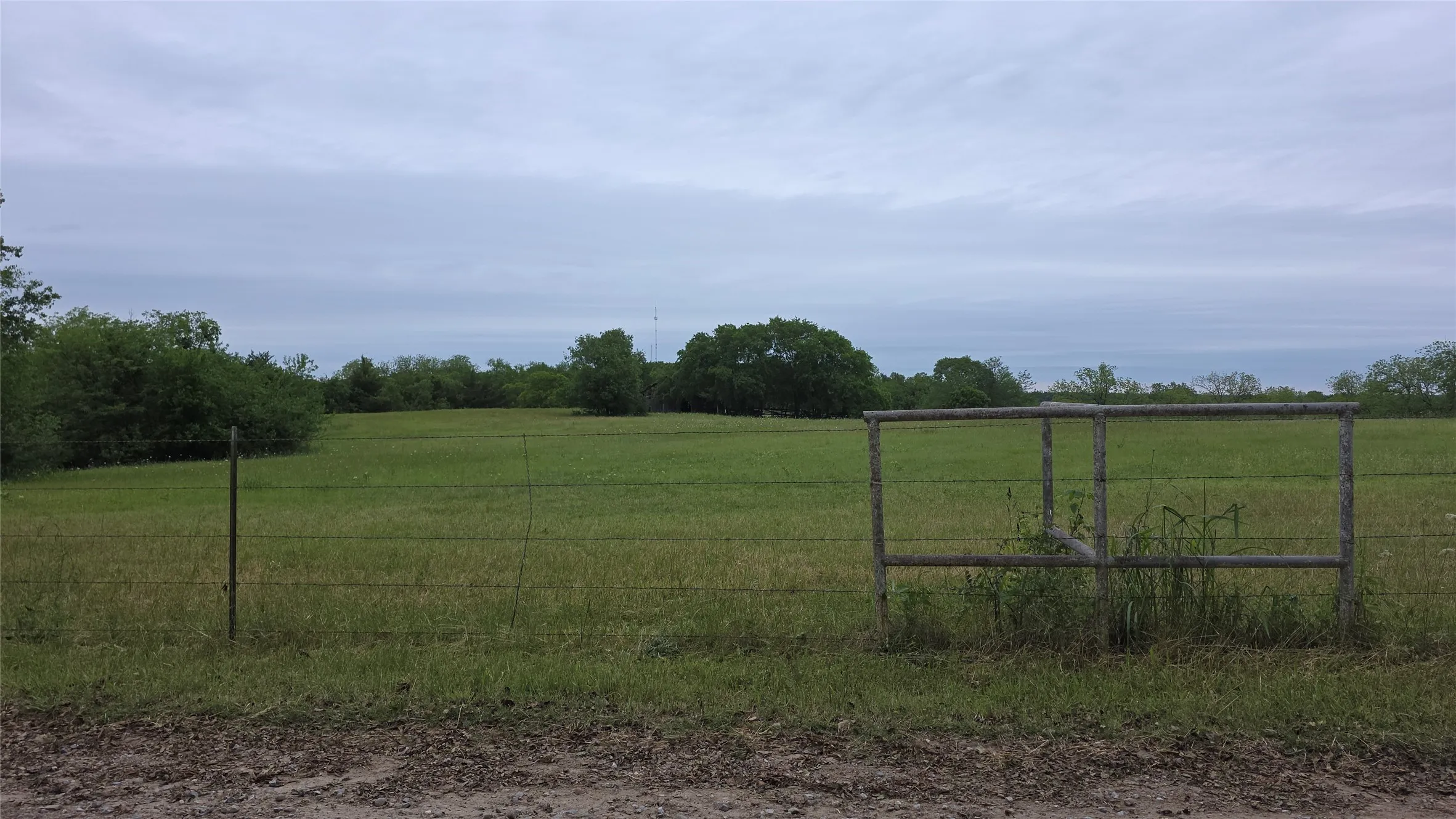 Expansive green field featuring a perimeter wire fence and a wood-frame gate