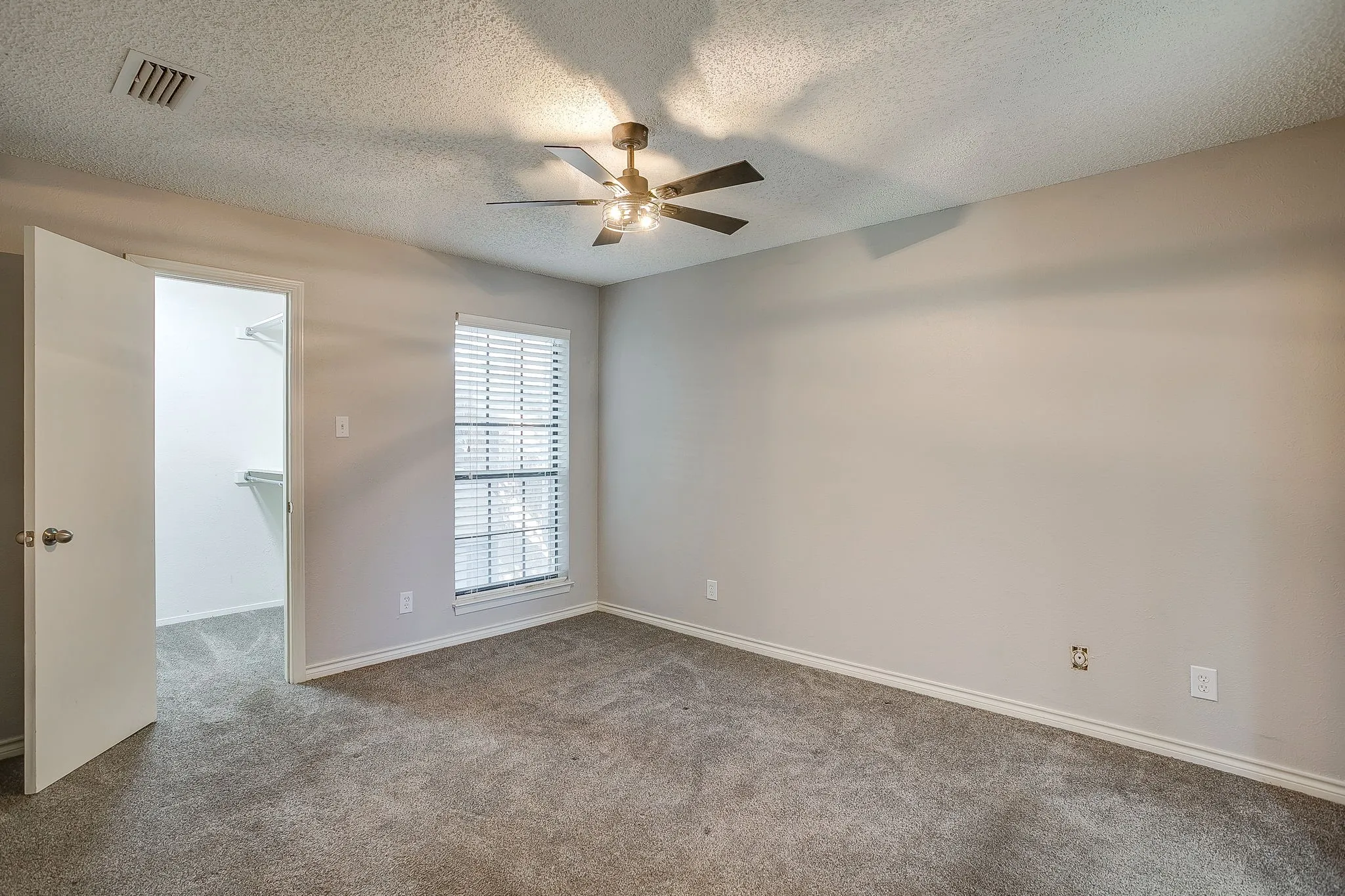Carpeted room featuring a ceiling fan with light fixture, window with horizontal blinds, and a walk-in closet with shelving