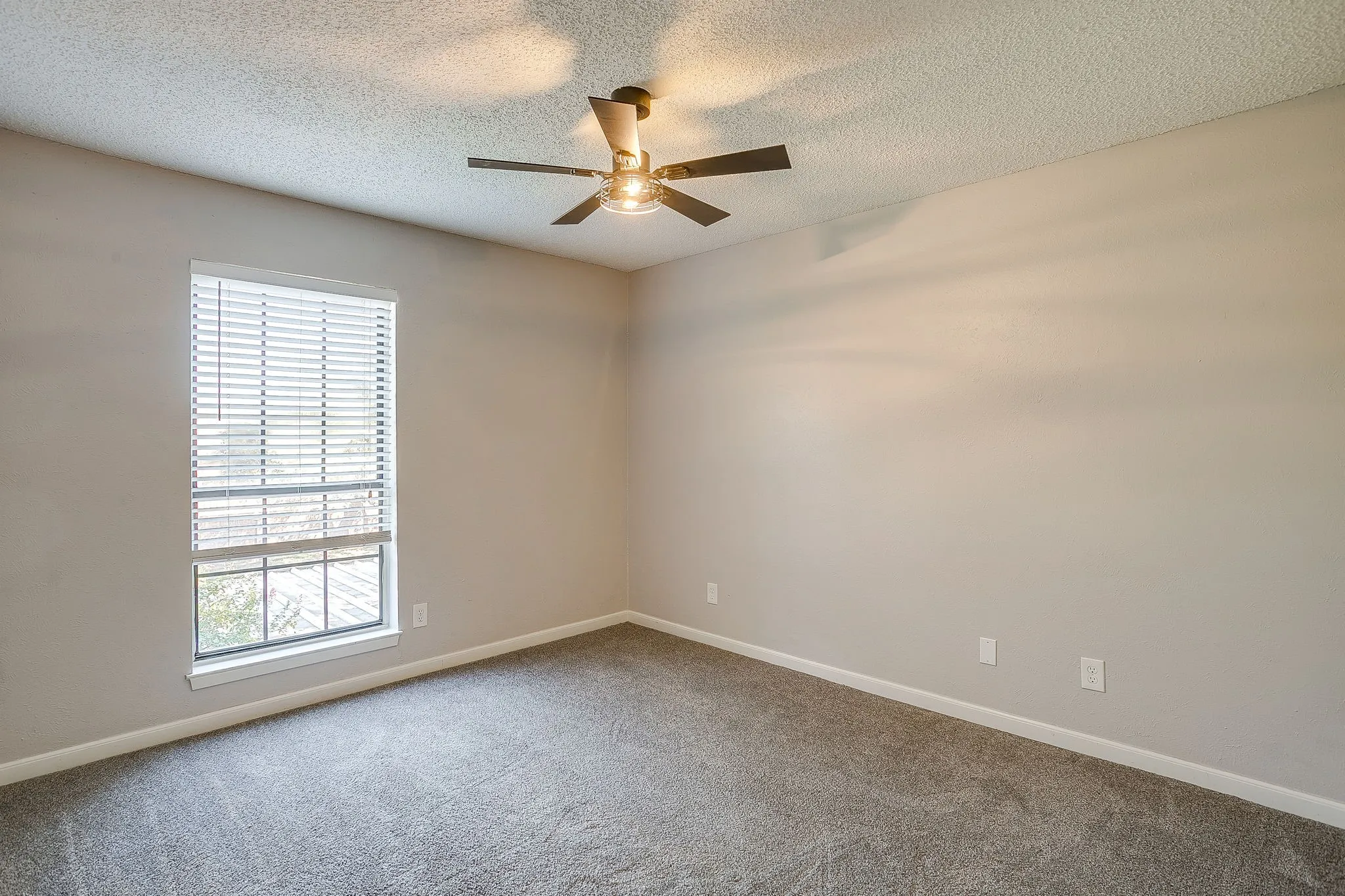 Neutral-toned walls and grey carpet create a versatile interior space