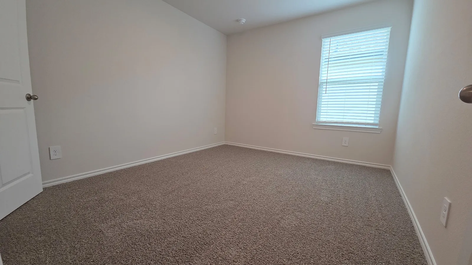 Carpeted room with a single window featuring white blinds
