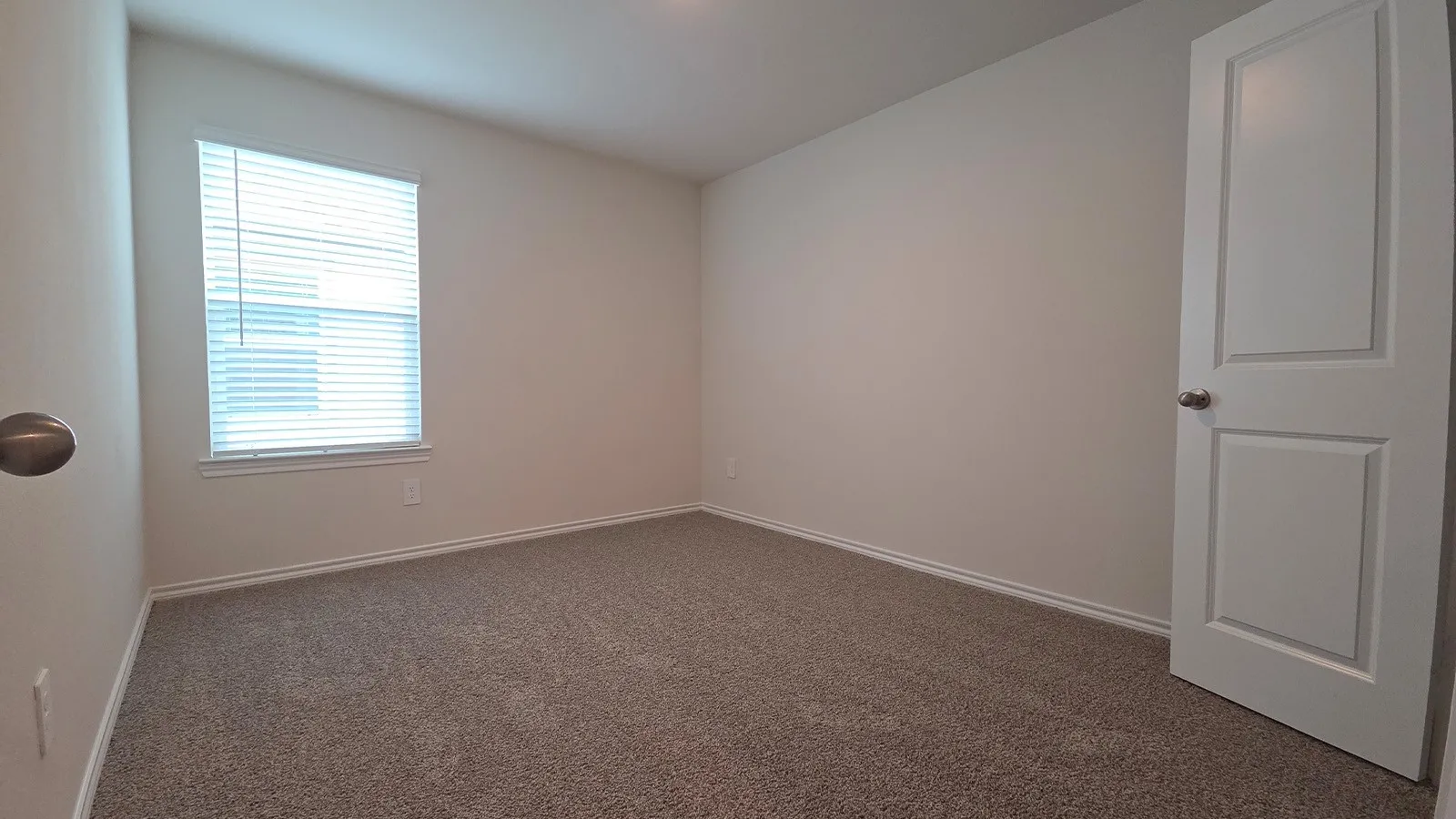 Carpeted room featuring a single window with blinds, white trim, and a paneled door