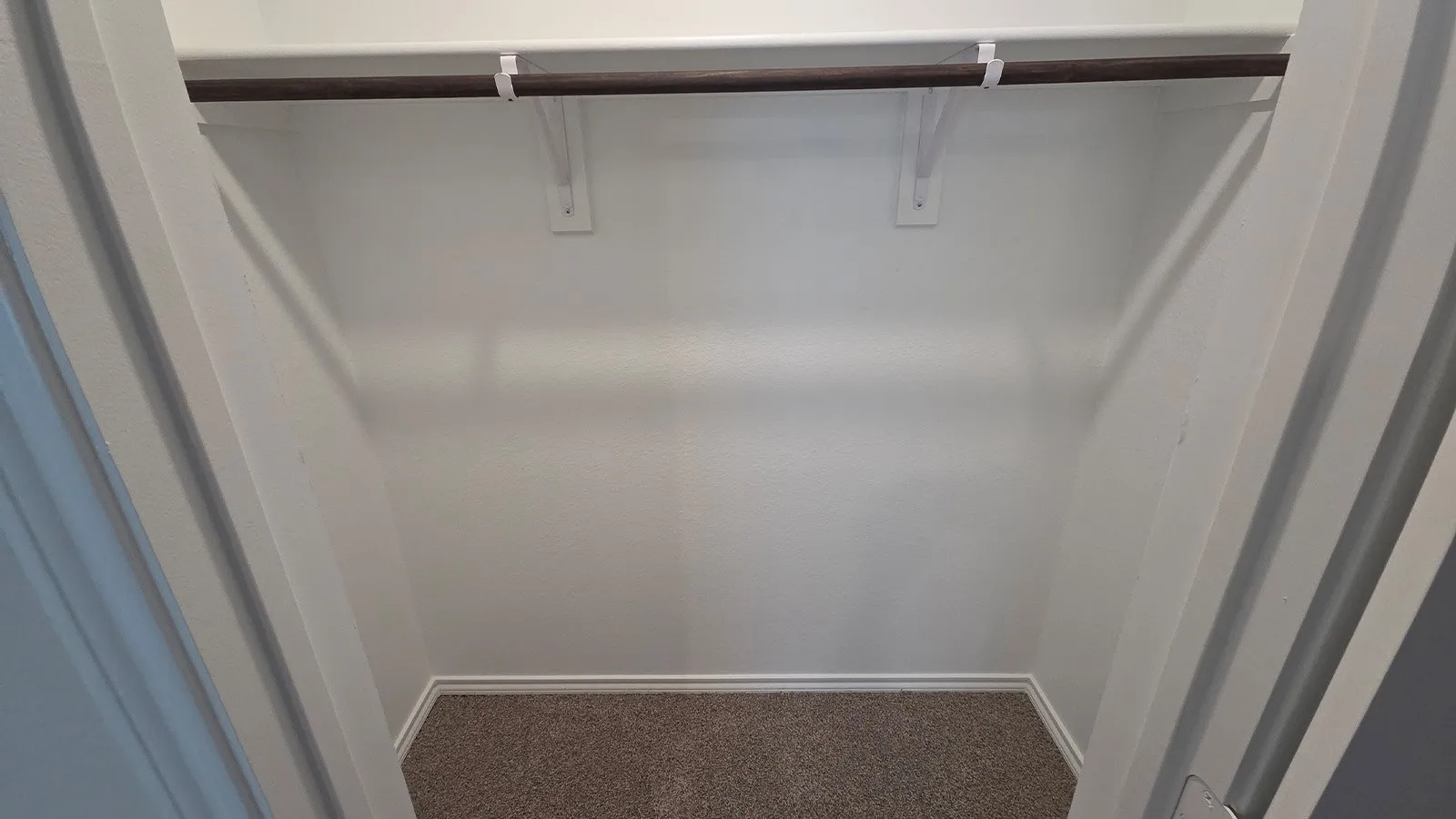 Recessed closet featuring a single hanging rod, upper shelf, and neutral carpet flooring