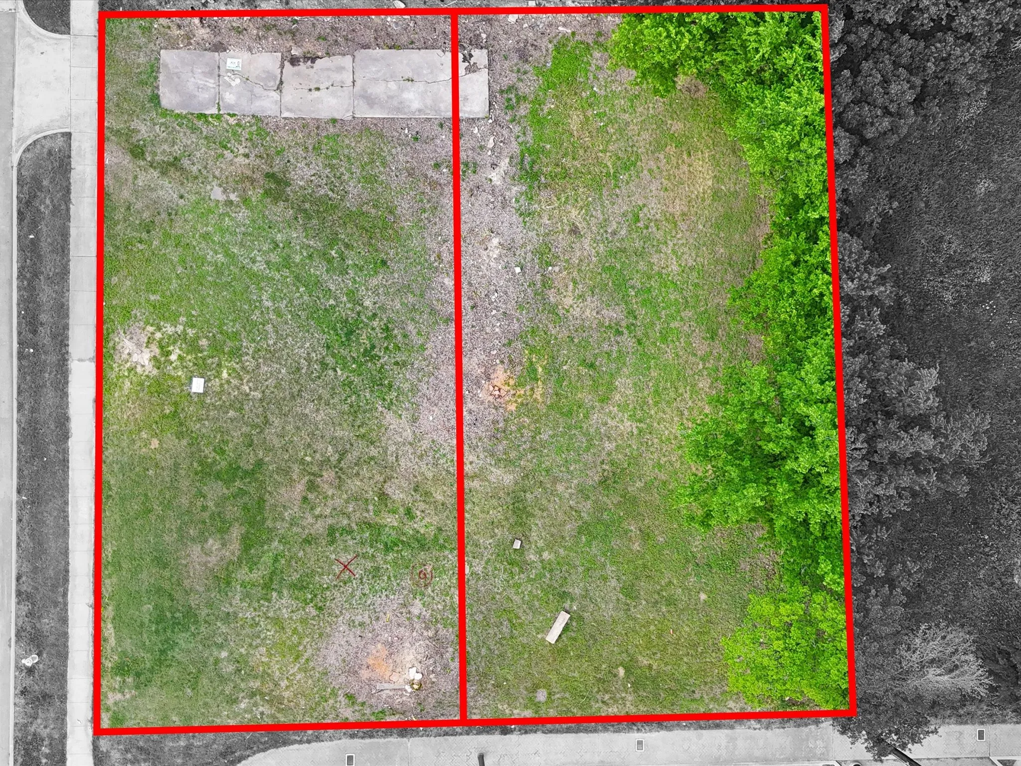 Expansive grassy lot featuring partial tree coverage, a concrete pad, and a paved road frontage