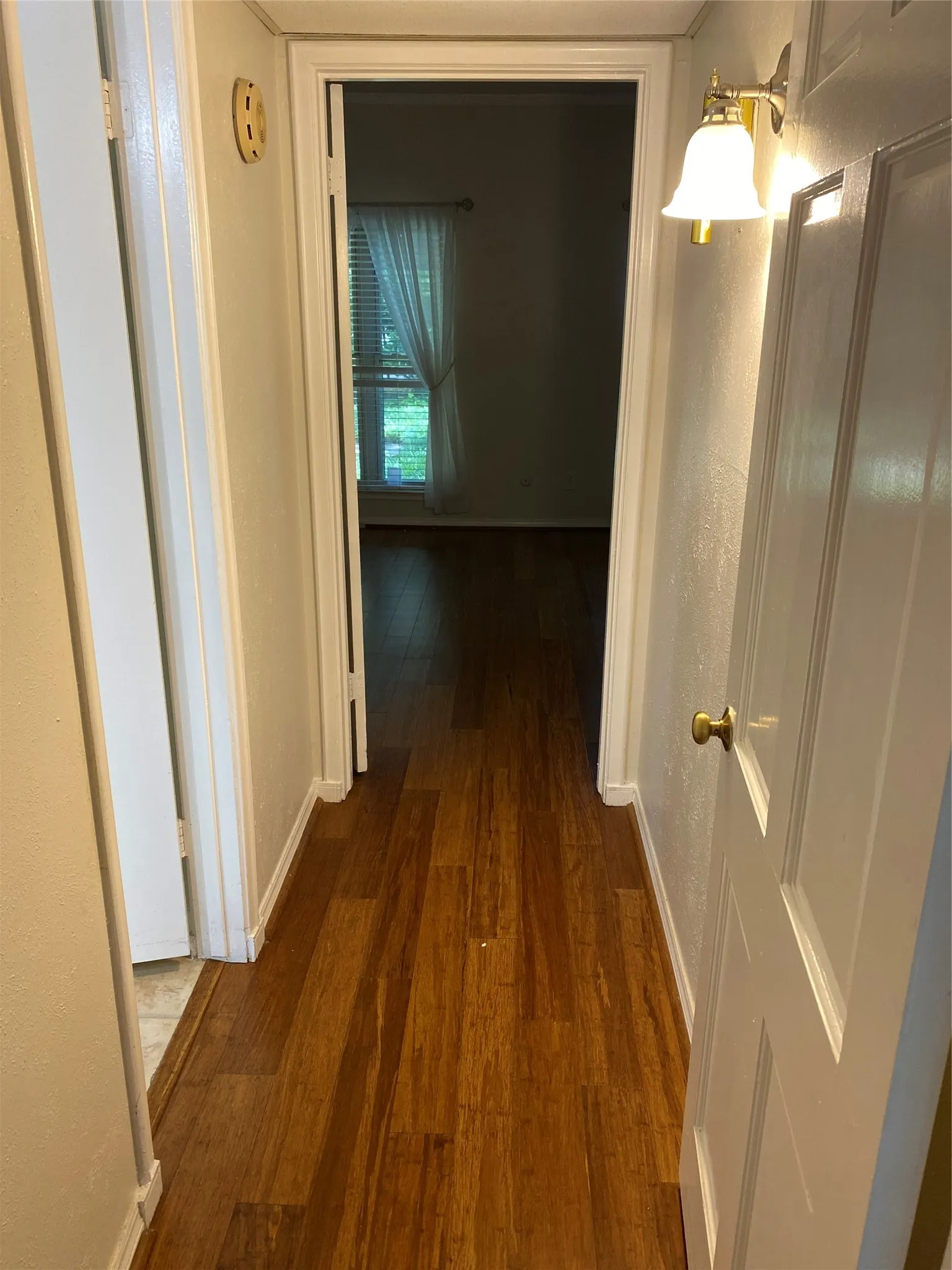 Wood-finish flooring throughout, white interior doors, and a brass wall sconce