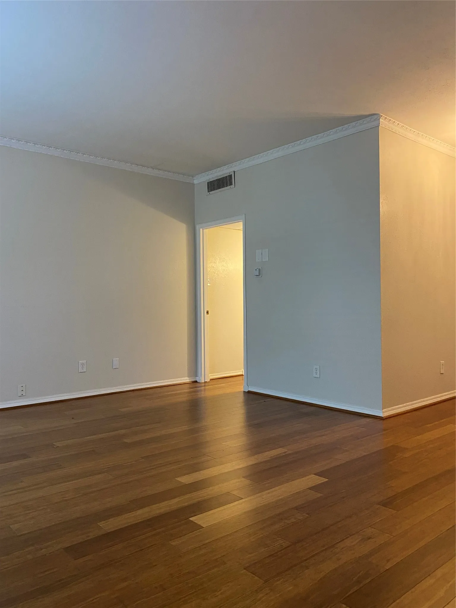 Living Area Wood-finish flooring, crown molding, and baseboards enhance this interior space