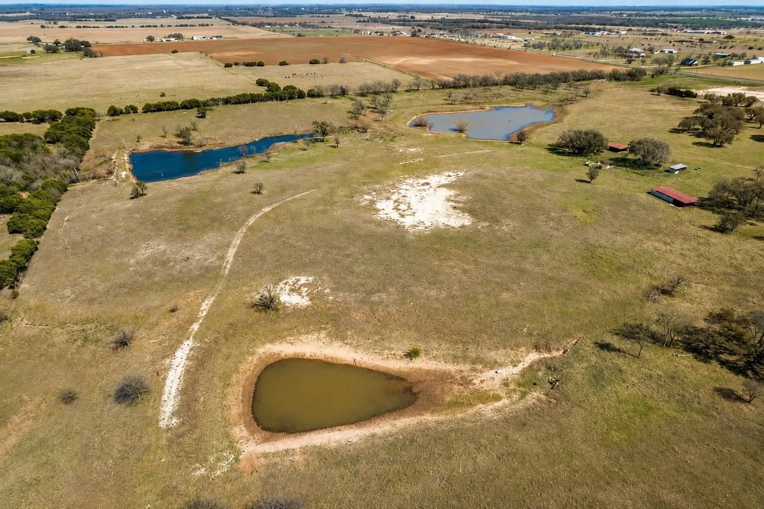 Expansive acreage featuring multiple ponds, open fields, and scattered mature trees