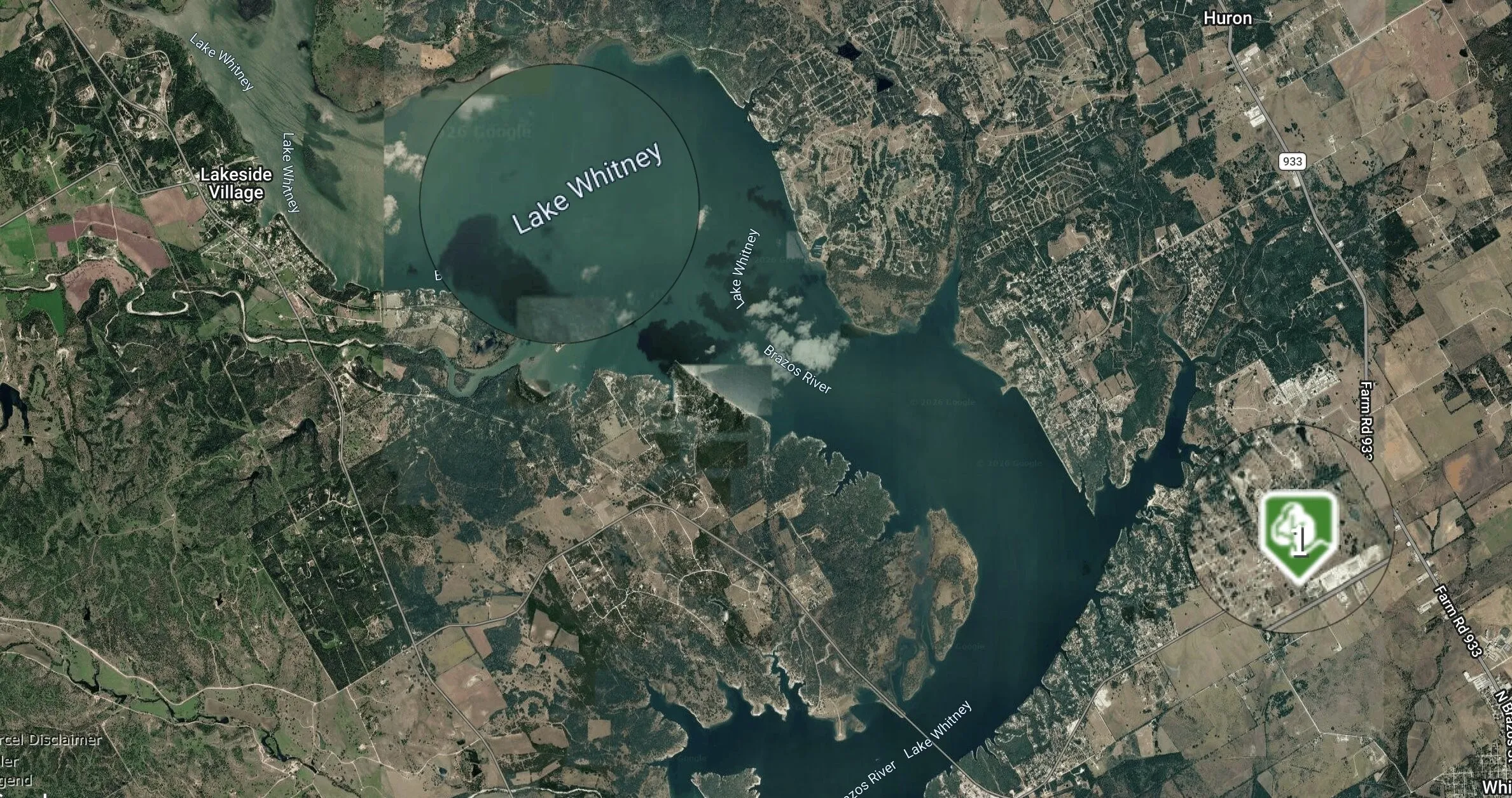 Geographic Information System (GIS) Map. Displaying an aerial view of Lake Whitney and surrounding land features