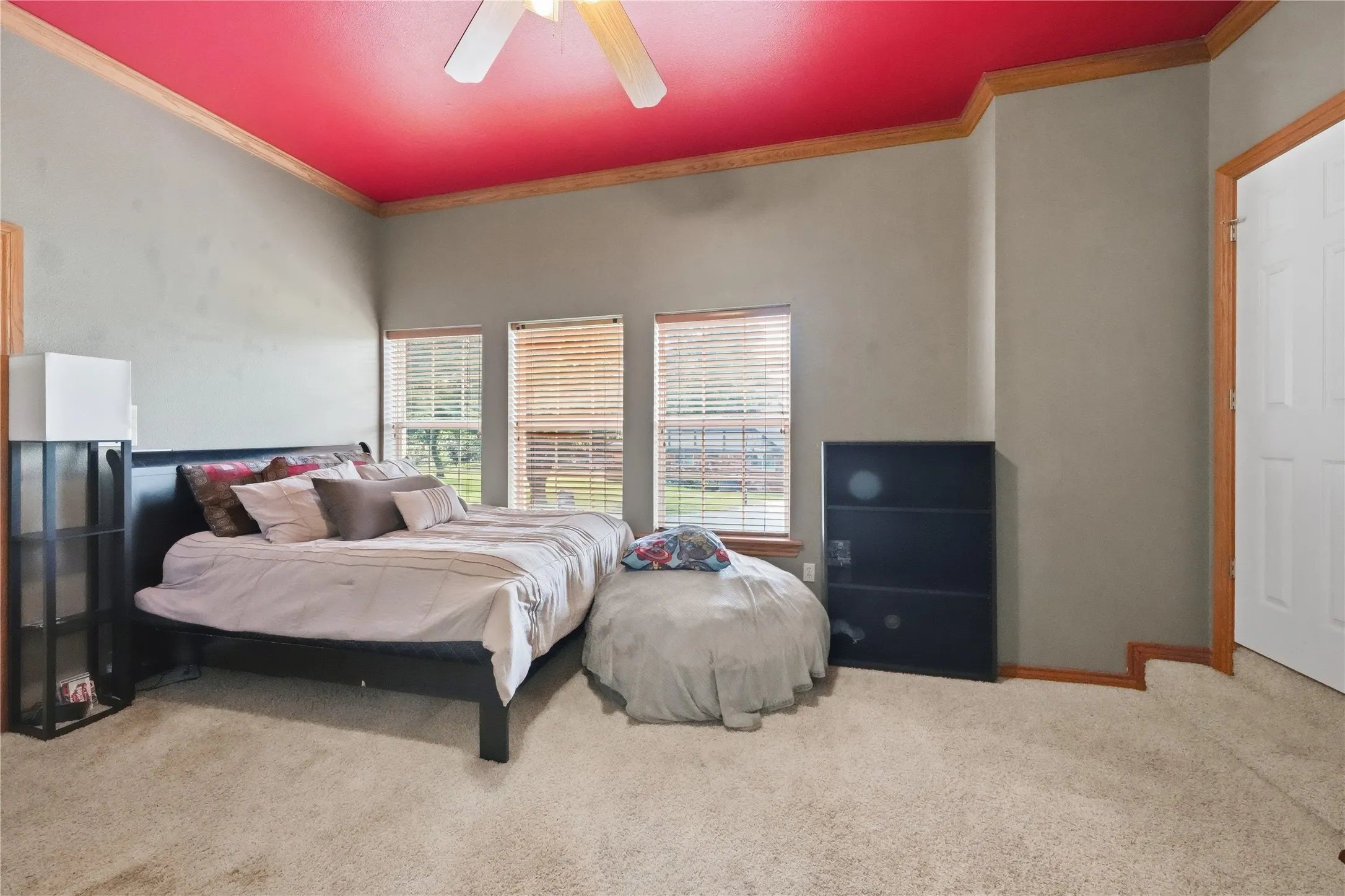 Interior room featuring a bold red ceiling, light gray walls, and light-colored carpet flooring