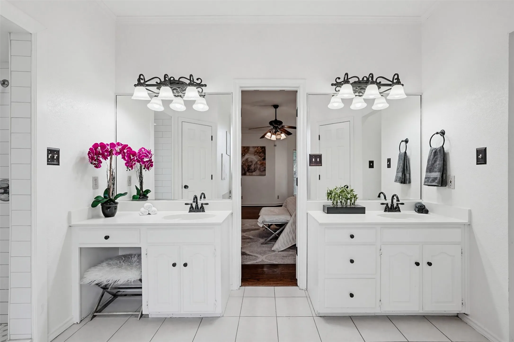 Separate sinks and vanity.