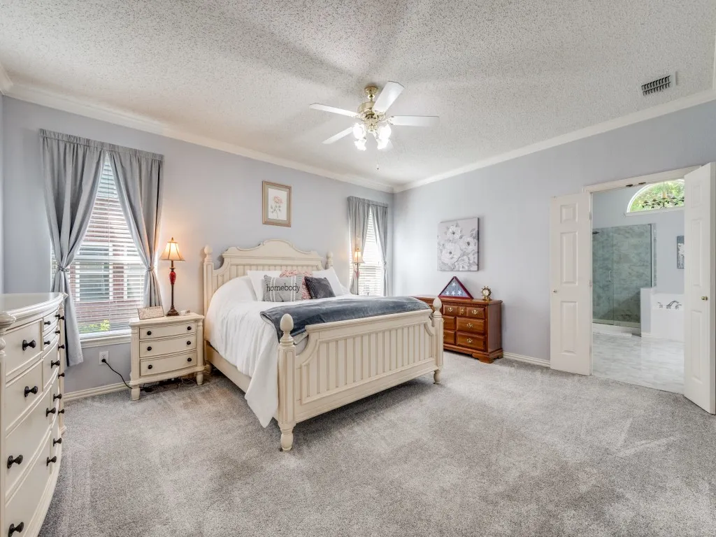 Spacious bedroom featuring plush gray carpeting, crown molding, a ceiling fan with light kit, and an arched entryway to an adjoining bathroom with a soaking tub and glass-enclosed shower