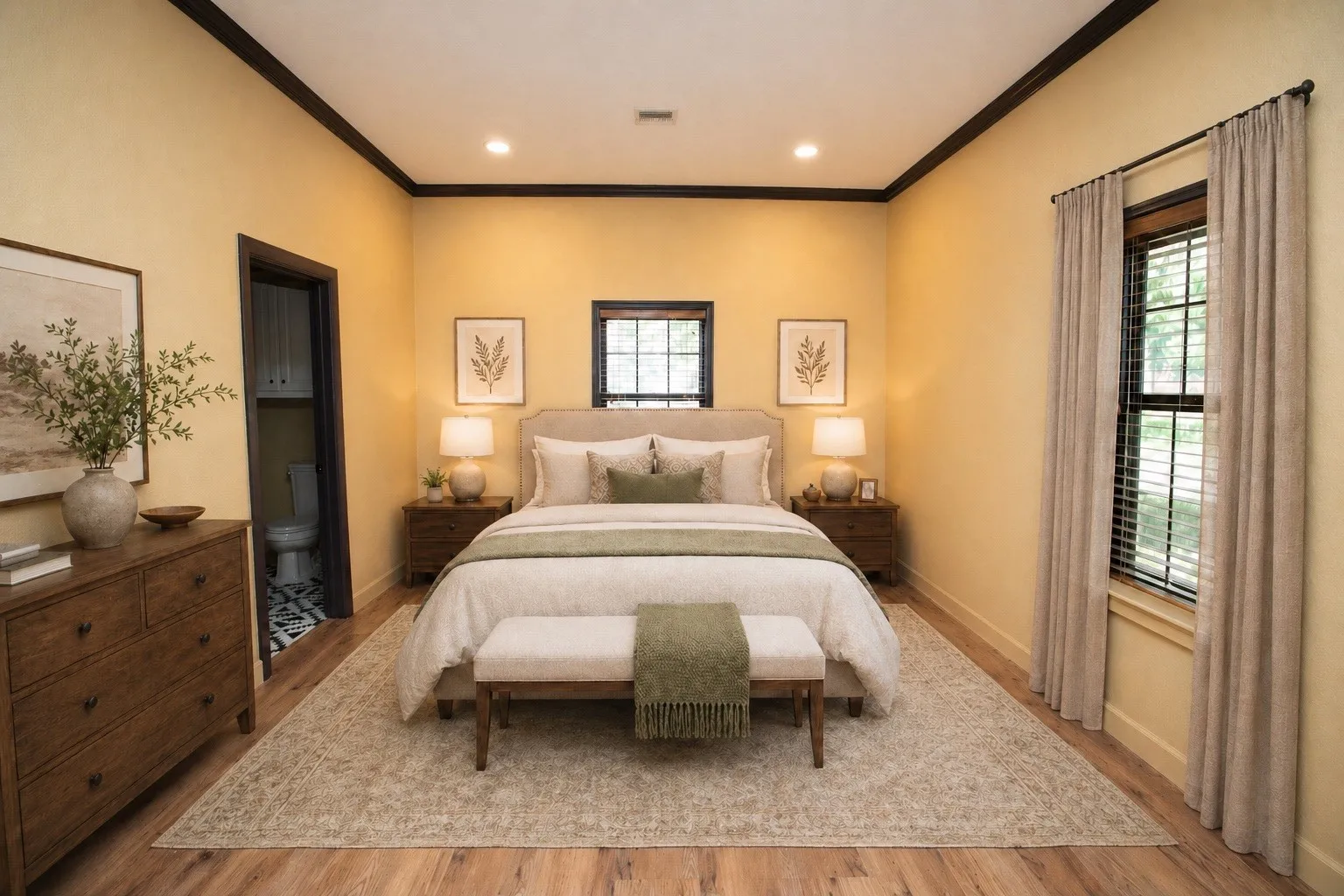 VIRTUALLY STAGED: Bedroom 1 offers a spacious layout with natural light and easy access to a private ensuite bath. The ensuite features a double vanity, updated fixtures, and a walk-in shower, complemented by distinctive tile flooring for added character and style.