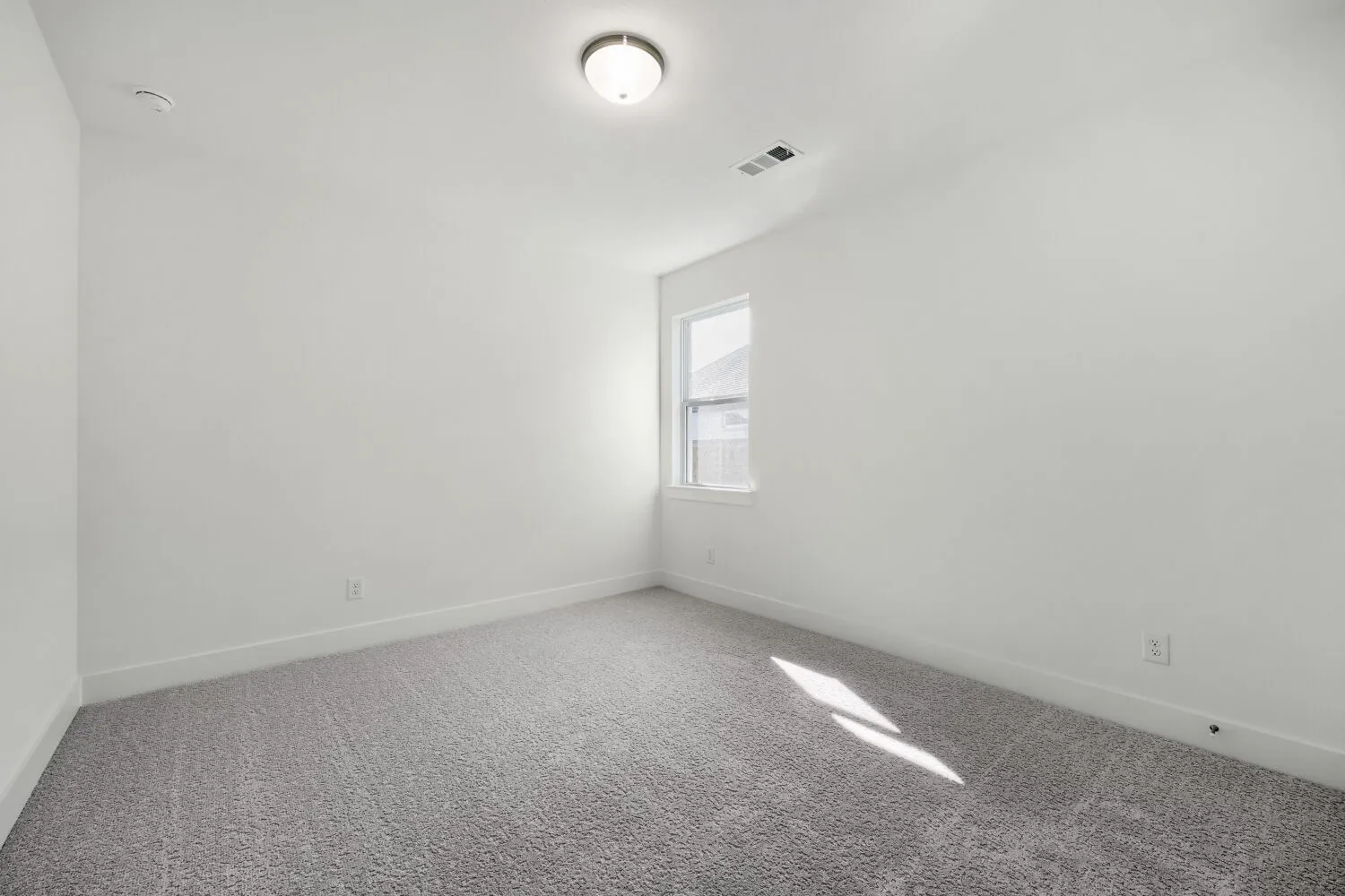 Neutral wall colors, carpeted flooring, a single window, and a flush-mount ceiling light fixture