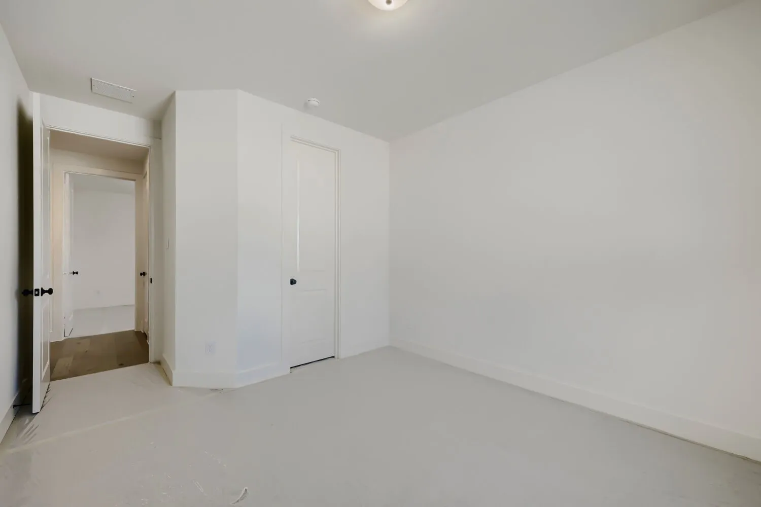 White interior walls, interior door with matte black hardware, and overhead lighting