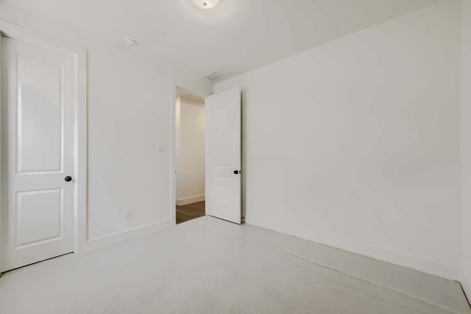 Neutral white wall paint, two white paneled doors with black hardware, and a ceiling-mounted light fixture