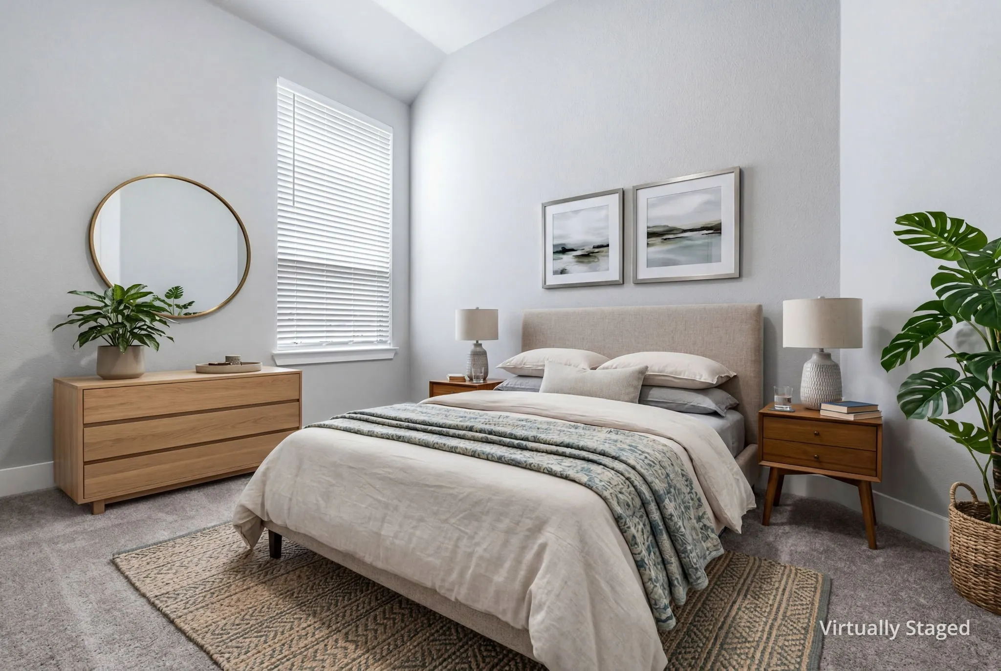 Bedroom featuring high ceilings, a single window with blinds, light gray wall paint, and gray carpeting