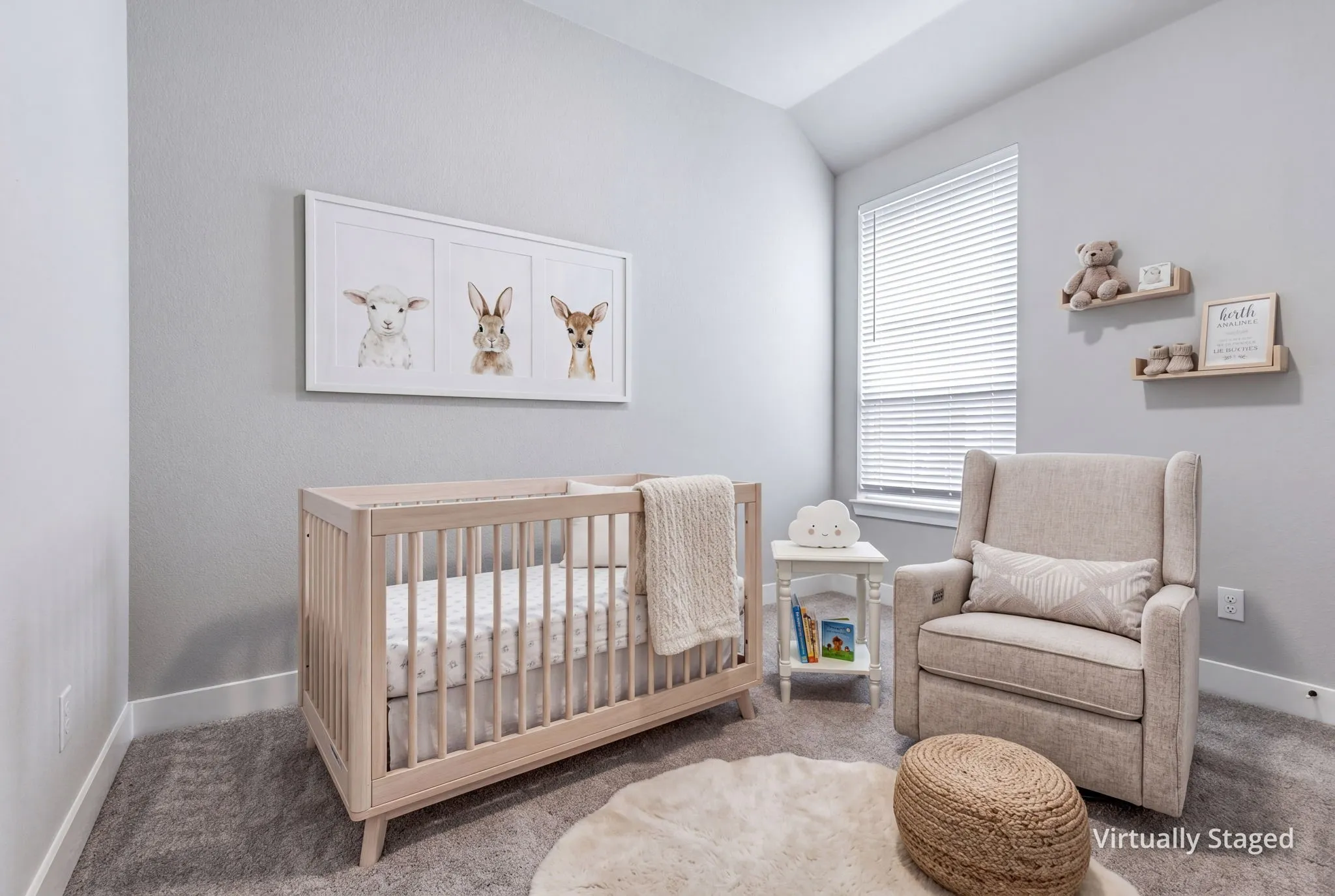 Carpeted room with light grey walls, white baseboards, and a single window with horizontal blinds