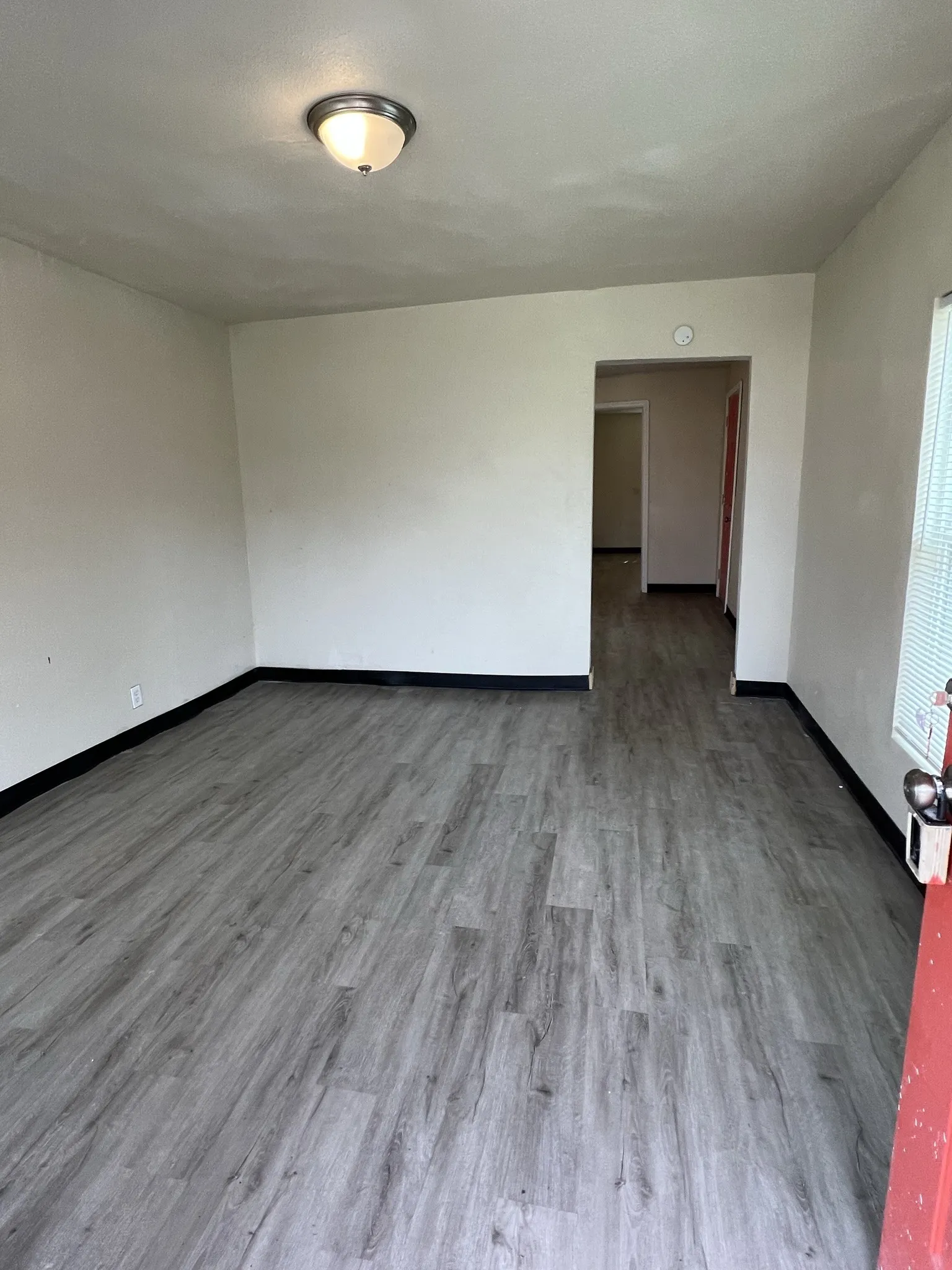 Spacious interior featuring wood-finish flooring, light-toned walls, and a flush-mount ceiling light