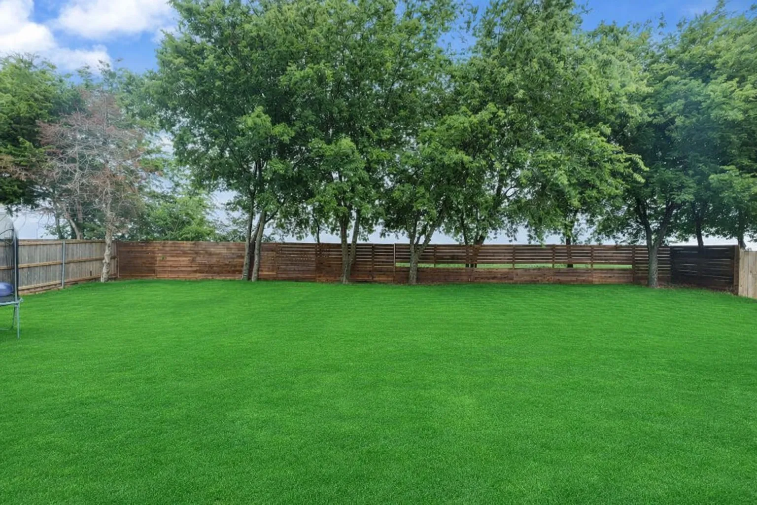 Expansive green lawn with mature trees and a perimeter wood privacy fence