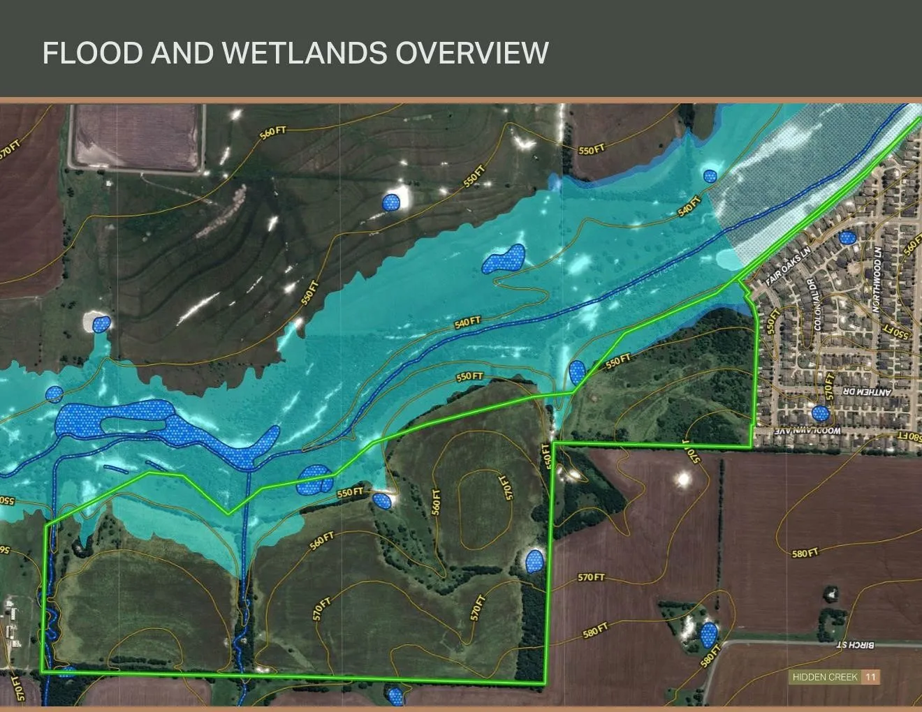 Flood and Wetlands Overview. Illustrating flood zones and wetland areas pertaining to the property