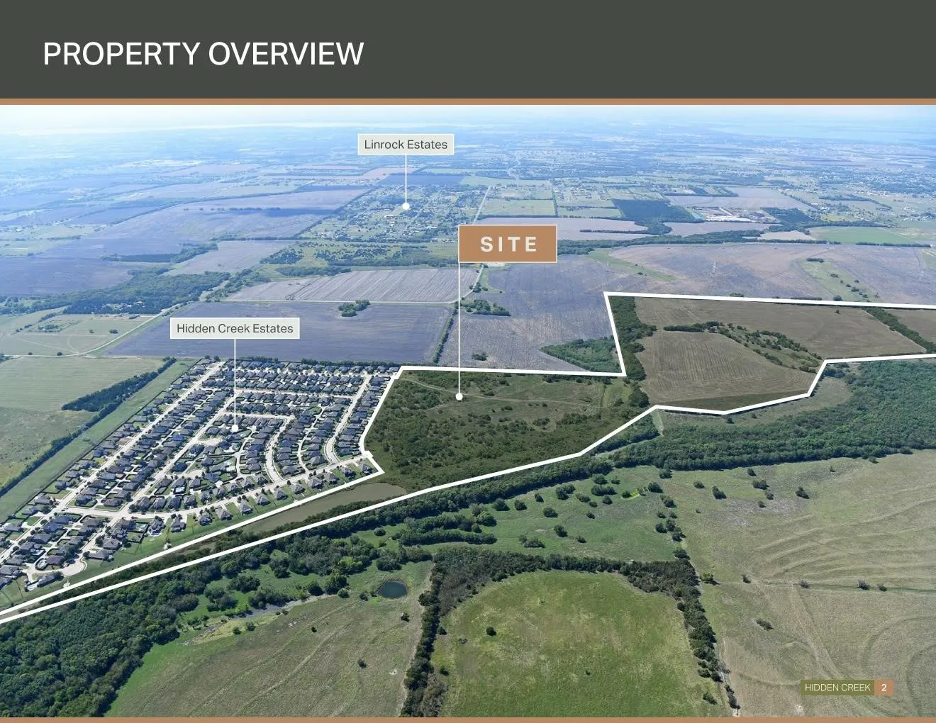 Property Overview. Illustrating the property's location relative to established developments and land parcels