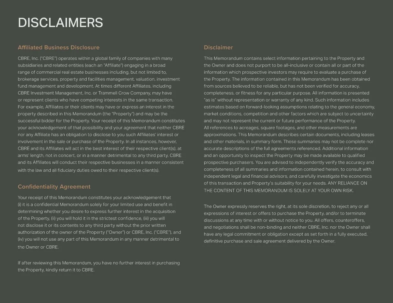 Disclaimers. Outlining conditions and limitations regarding property information and negotiation processes
