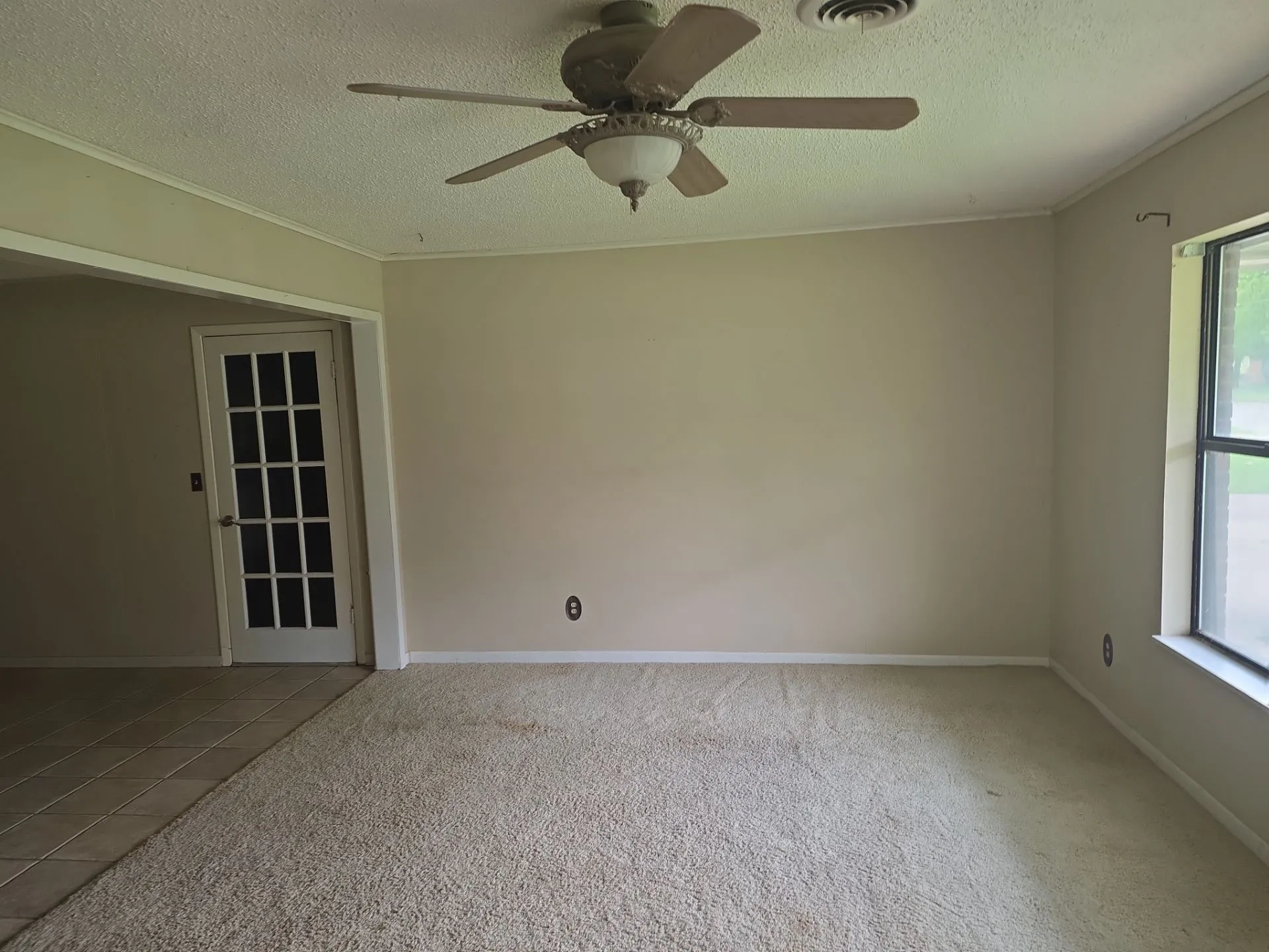 Living space featuring a ceiling fan, crown molding, and a window for natural light