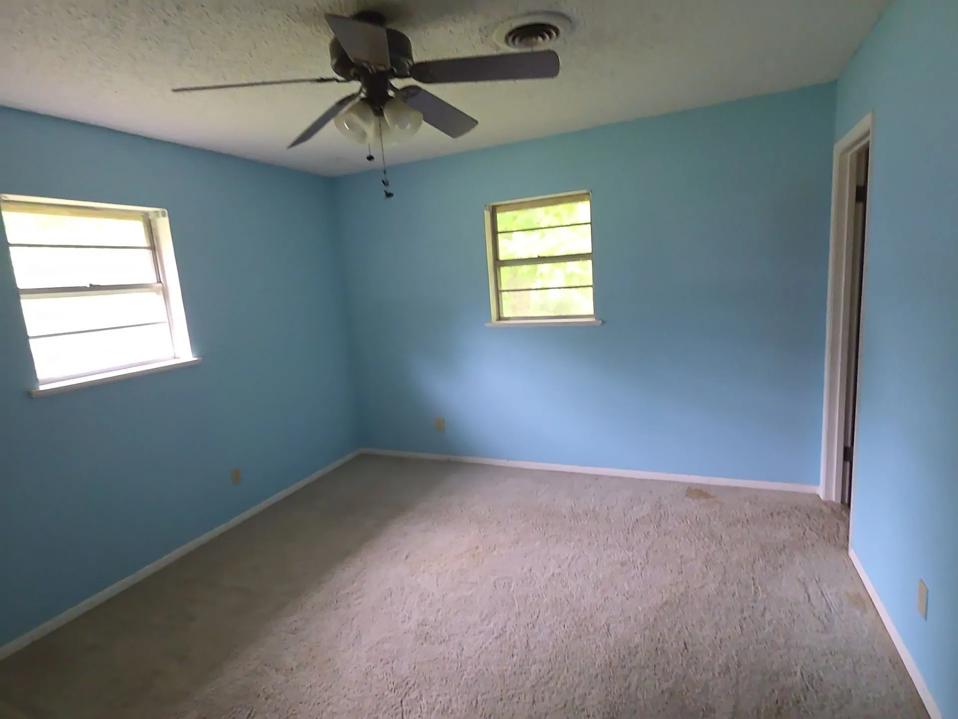 Room featuring light blue walls, two windows, and a ceiling fan with light kit