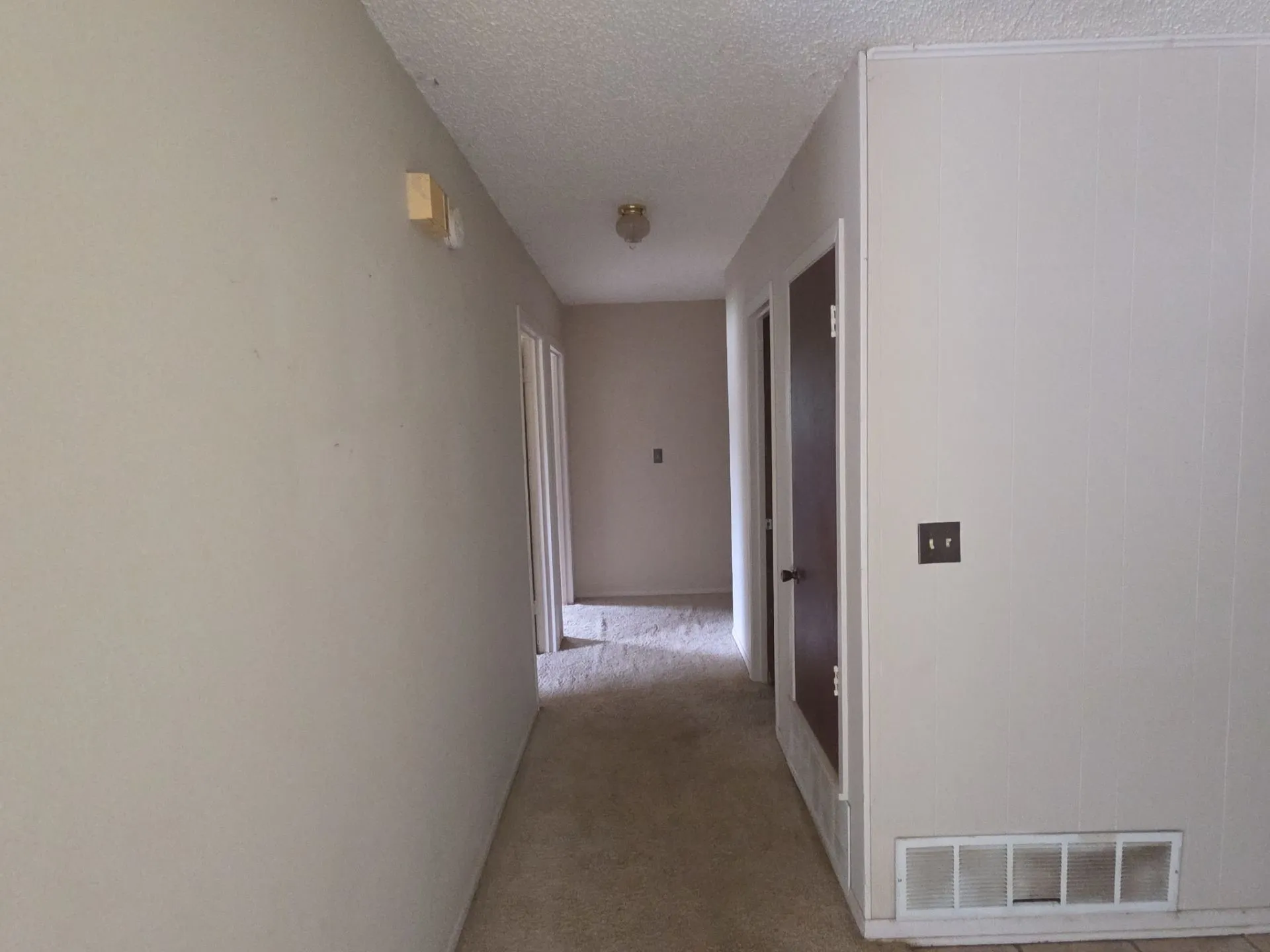 Hallway with carpet flooring, light-colored walls, and a ceiling-mounted light fixture