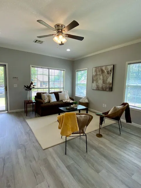 View of living area looking toward corner windows