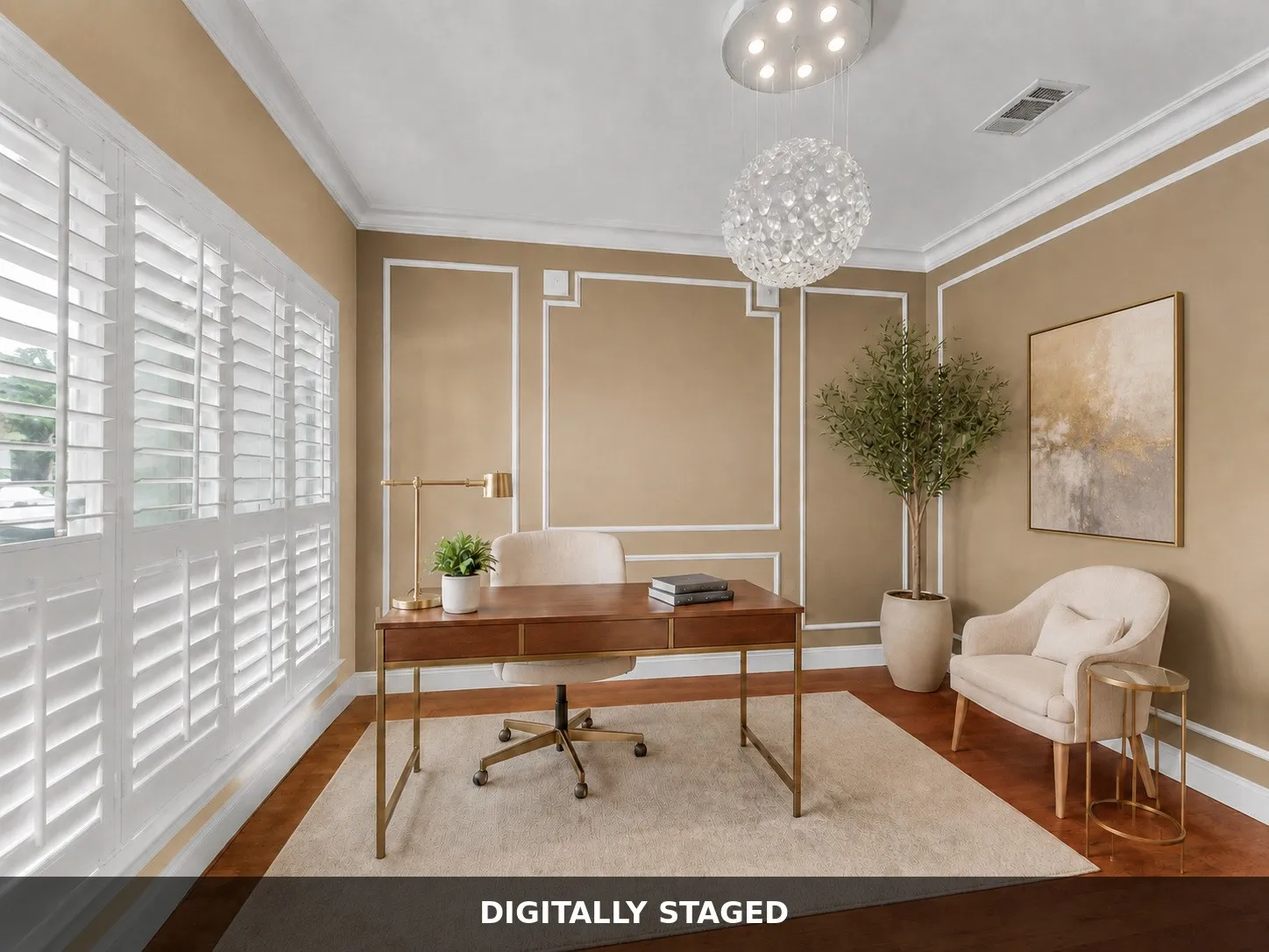 Hardwood-style flooring, white plantation shutters, crown molding, decorative wall molding, and a modern chandelier
