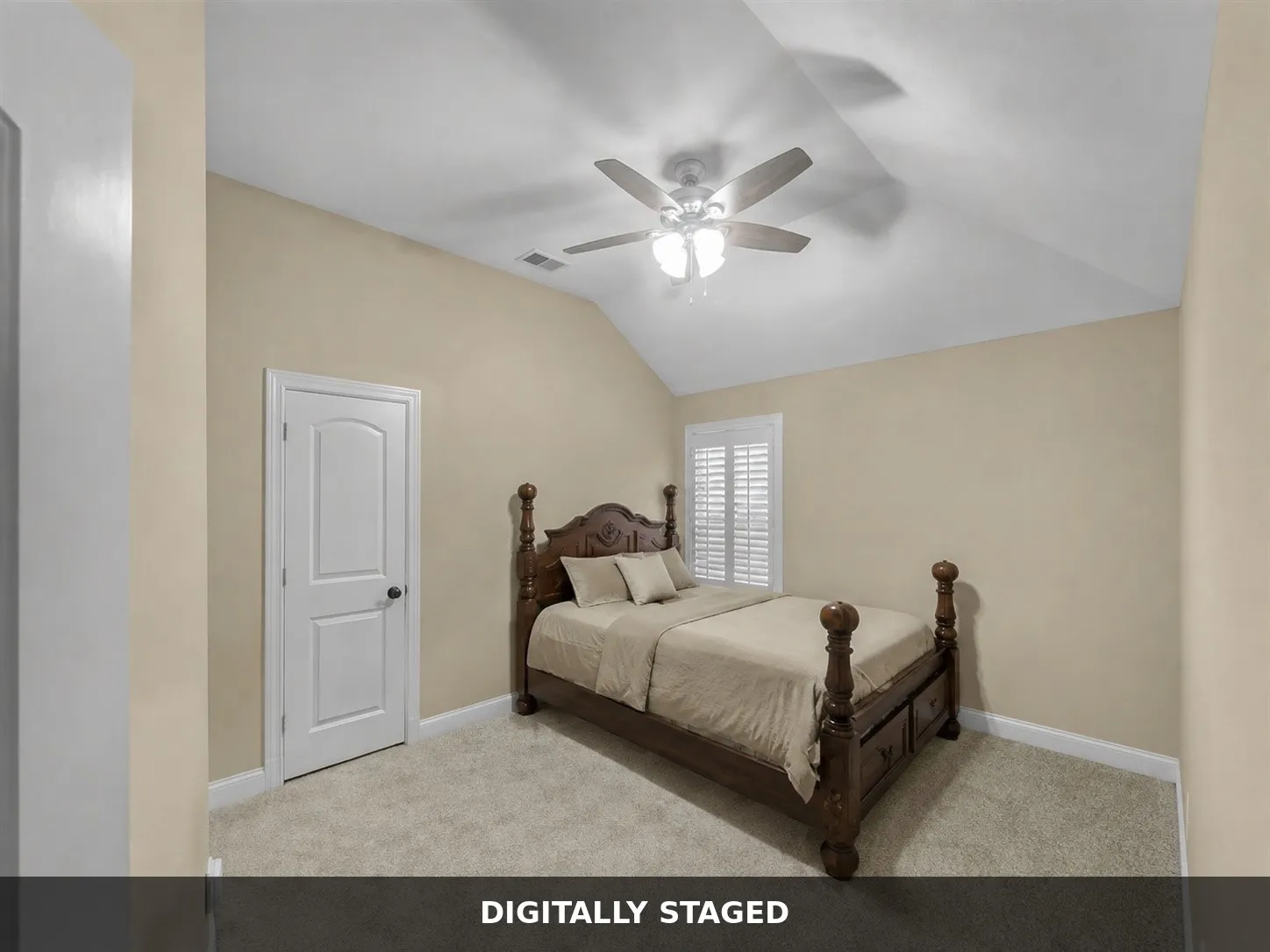 Bedroom 2, Vaulted ceiling, ceiling fan with integrated lighting, plantation shutters, and carpet flooring