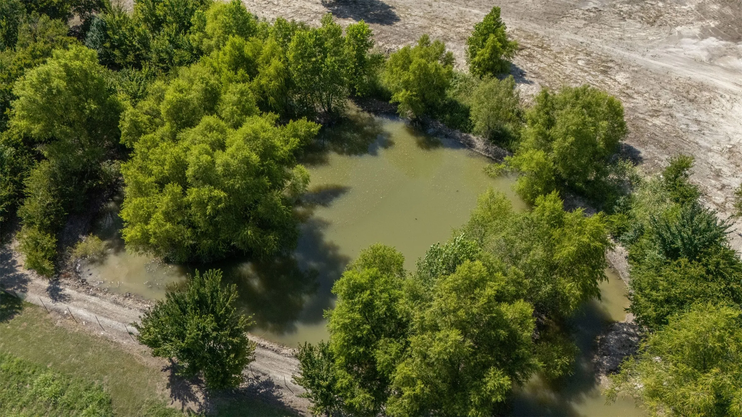 Natural pond with surrounding mature foliage and varied topography