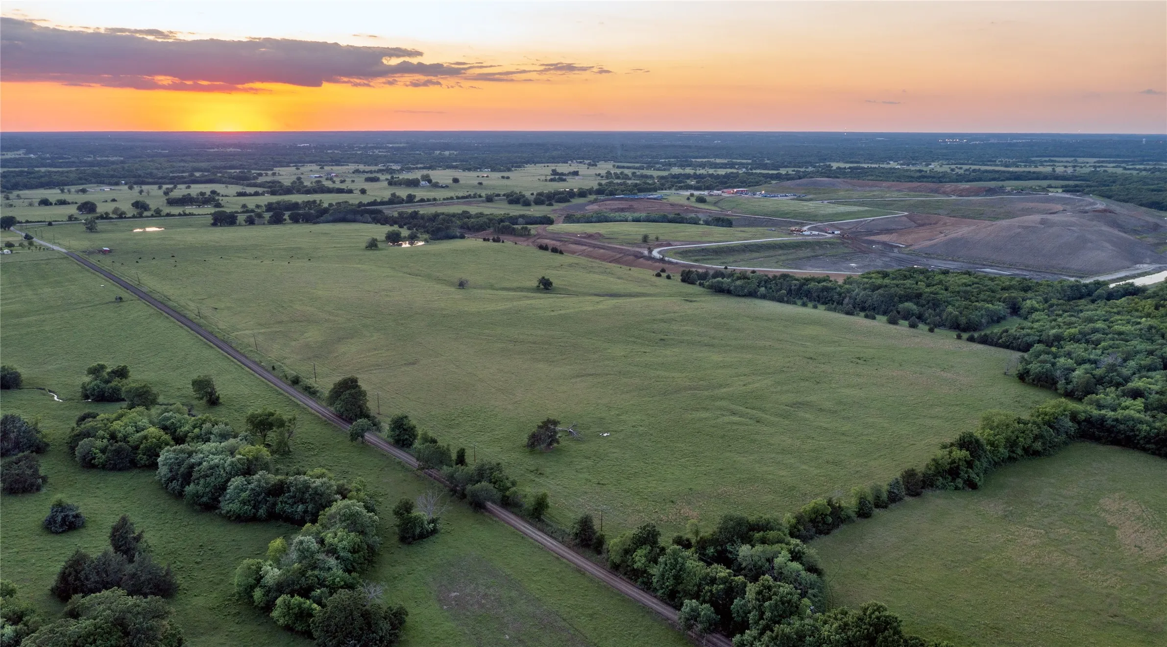 Expansive green fields featuring scattered trees and a winding road