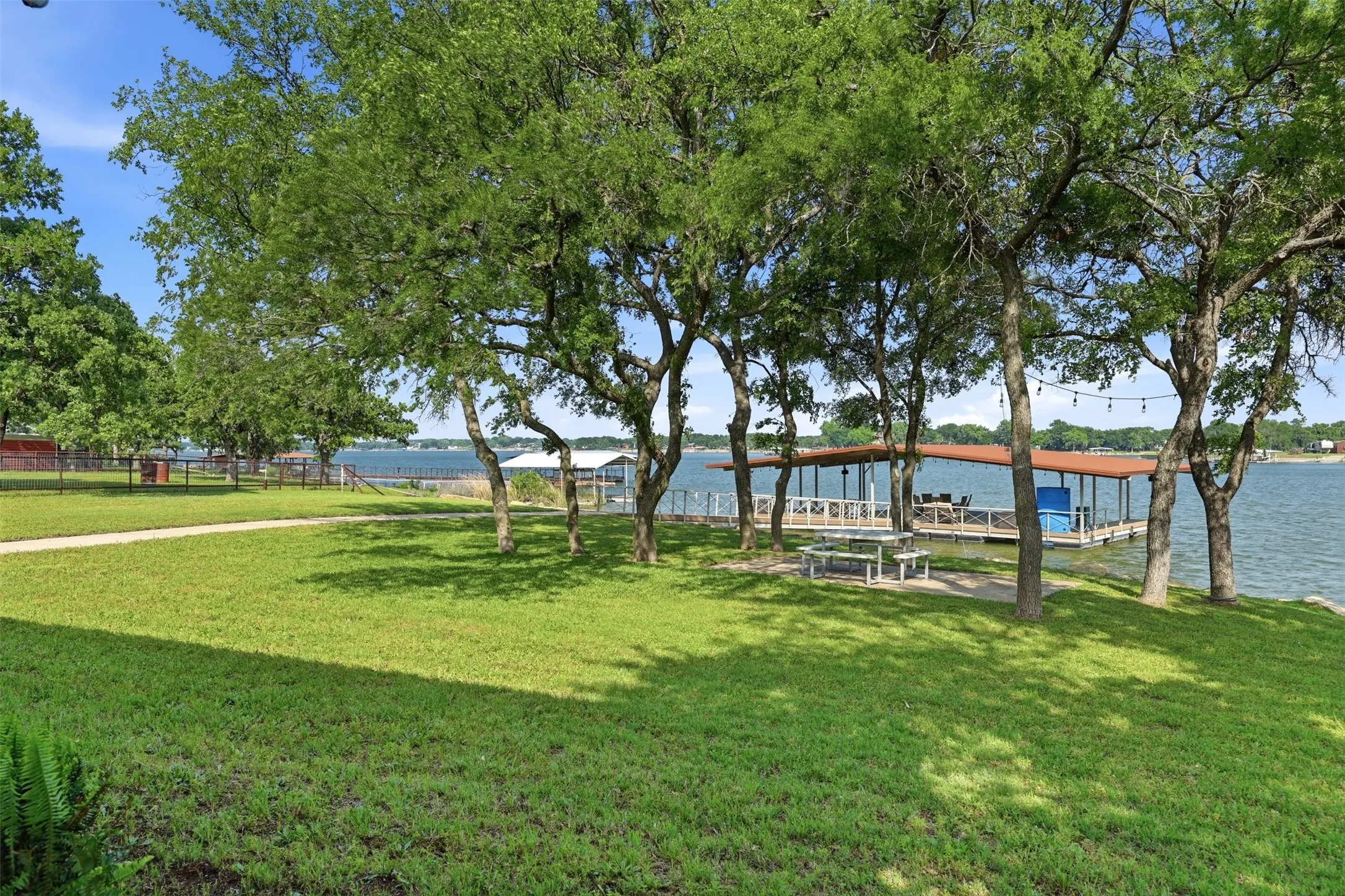 Backyard with picnic table, expansive dock, and water view