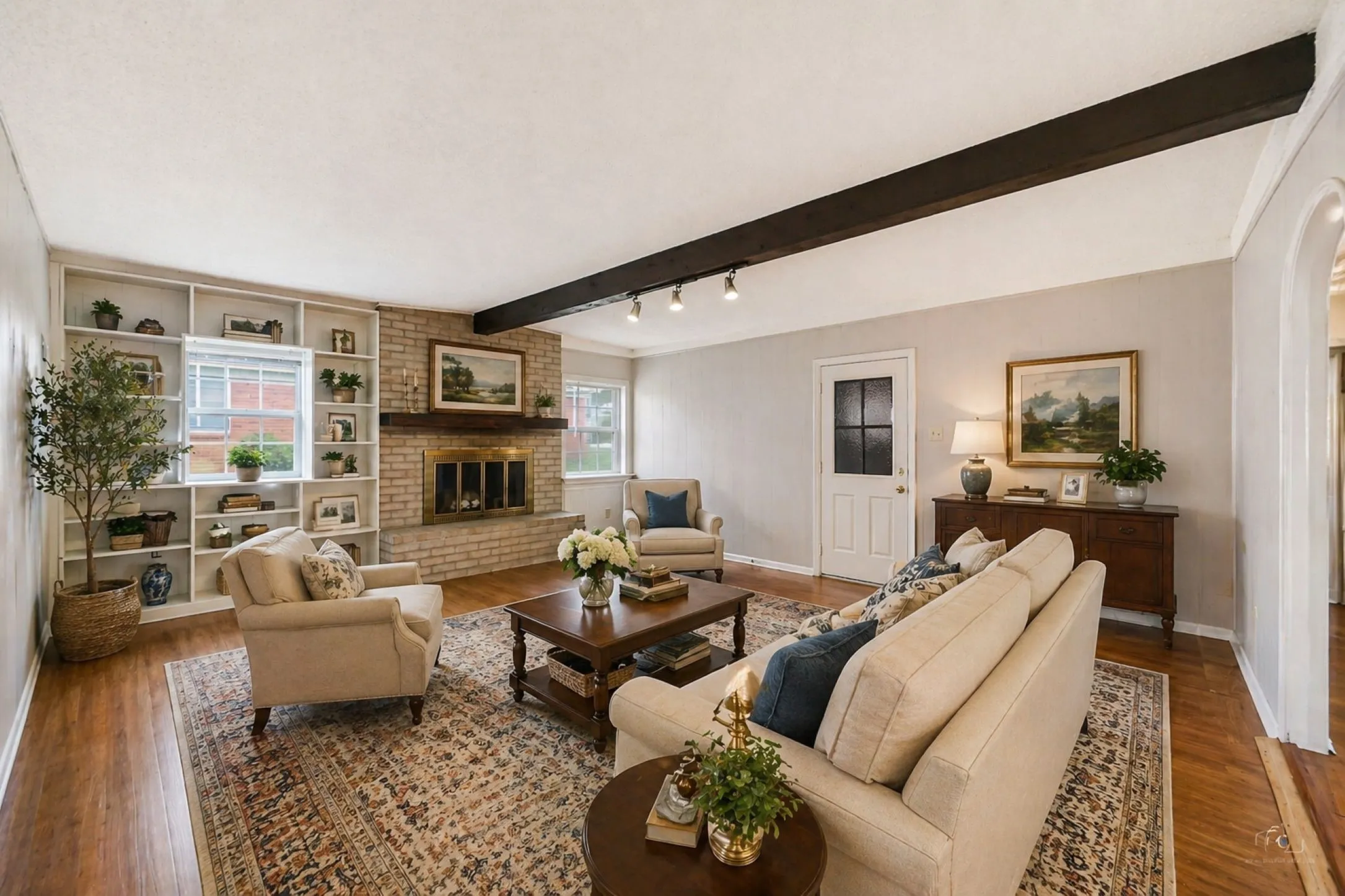 Virtually staged suggesting functionality and versatility while creating a warm and welcoming environment