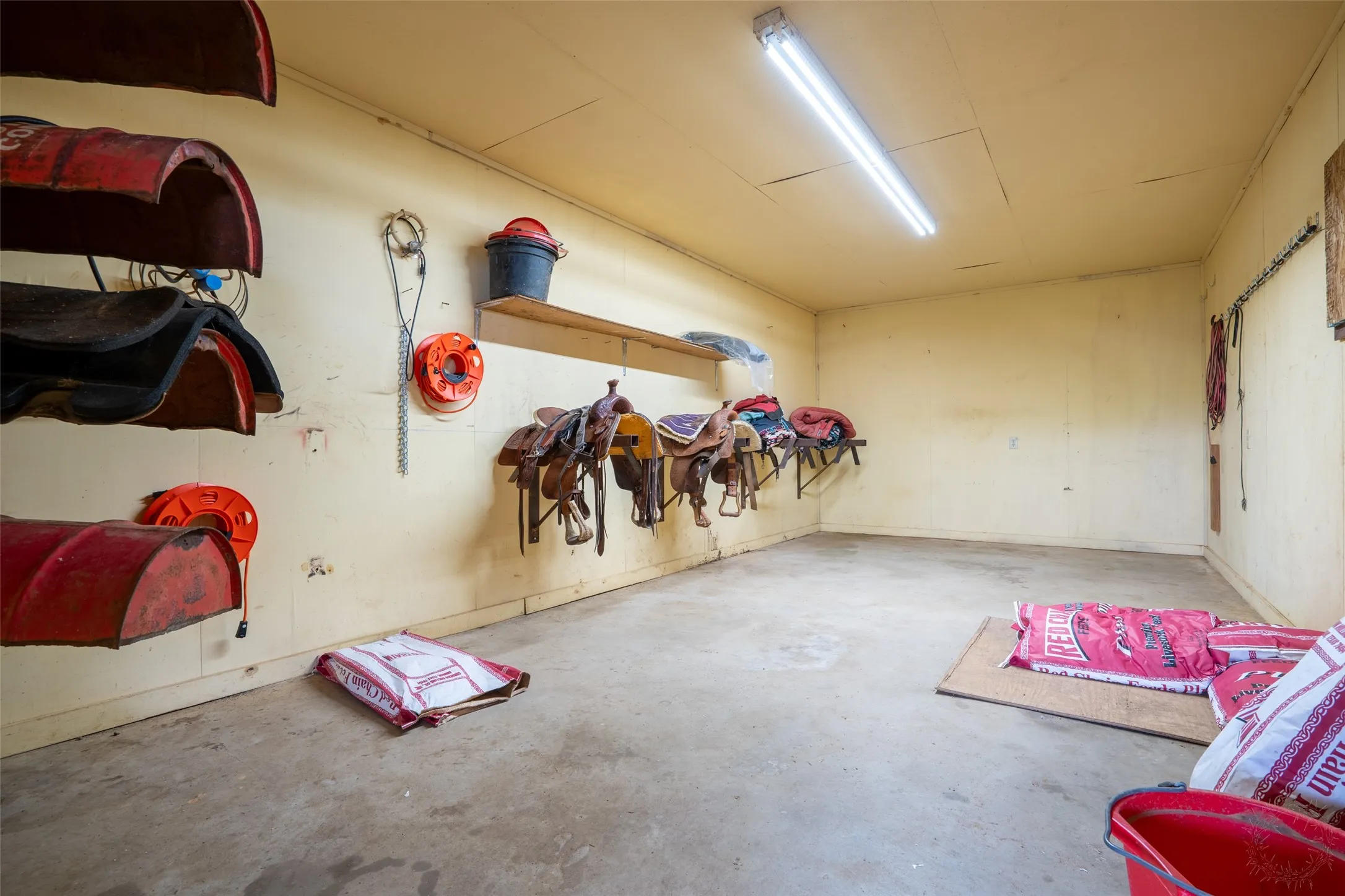 Concrete flooring, wall-mounted shelving, built-in saddle racks, and fluorescent overhead lighting