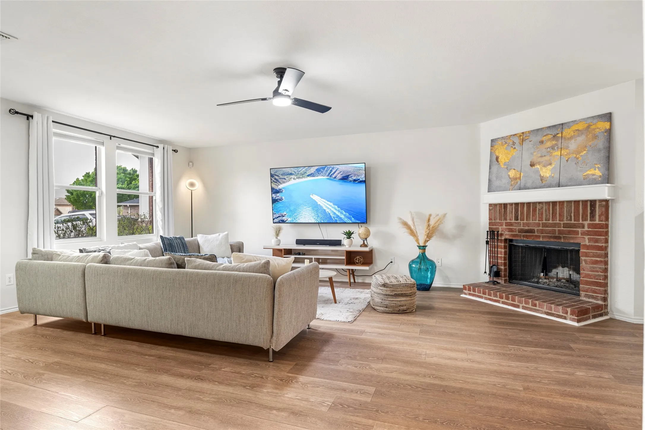 Great composition of colors for fireplace, walls and flooring.....