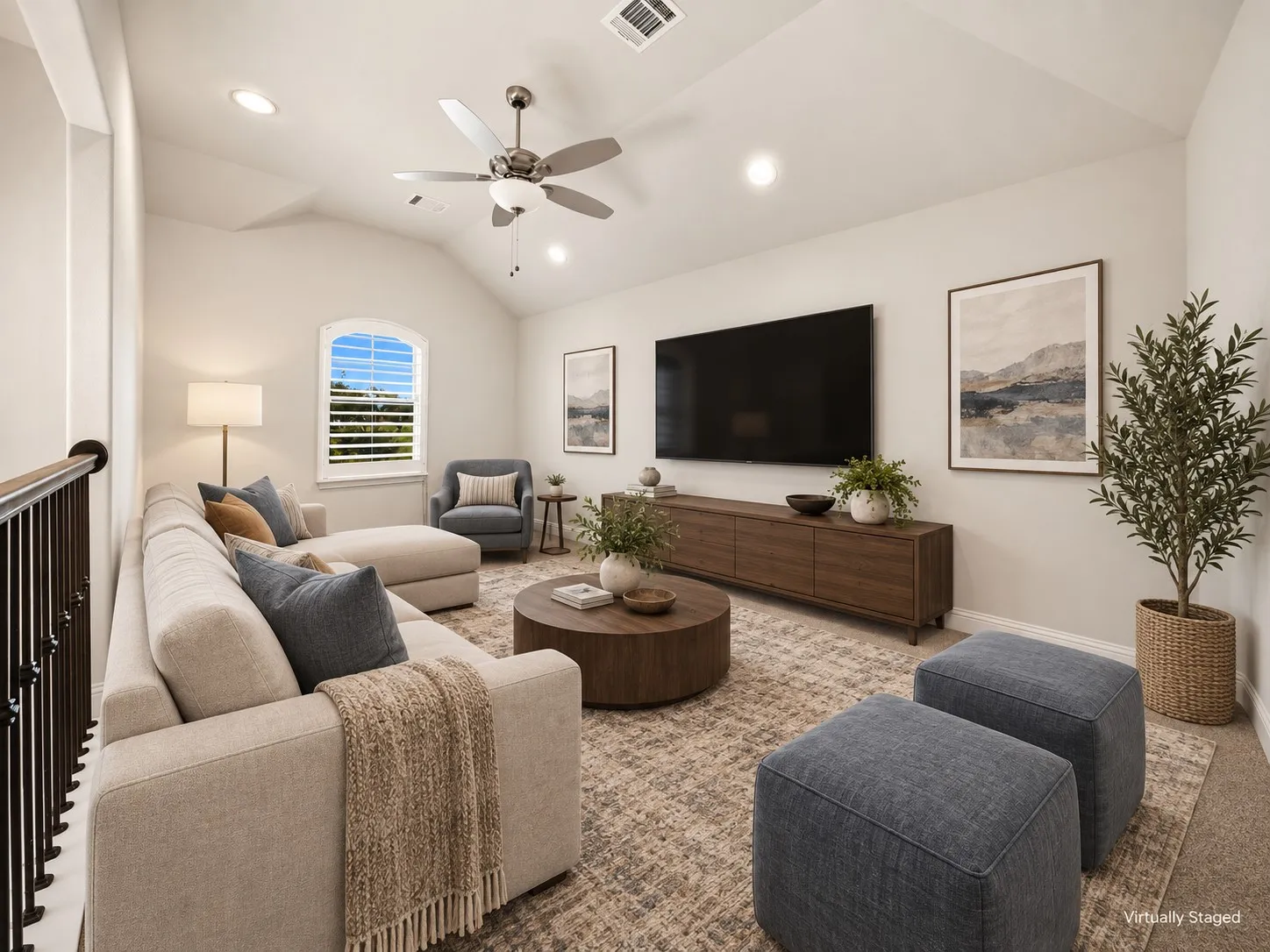 Upstairs Living Room room with a vaulted ceiling, recessed lighting, and a contemporary ceiling fan
