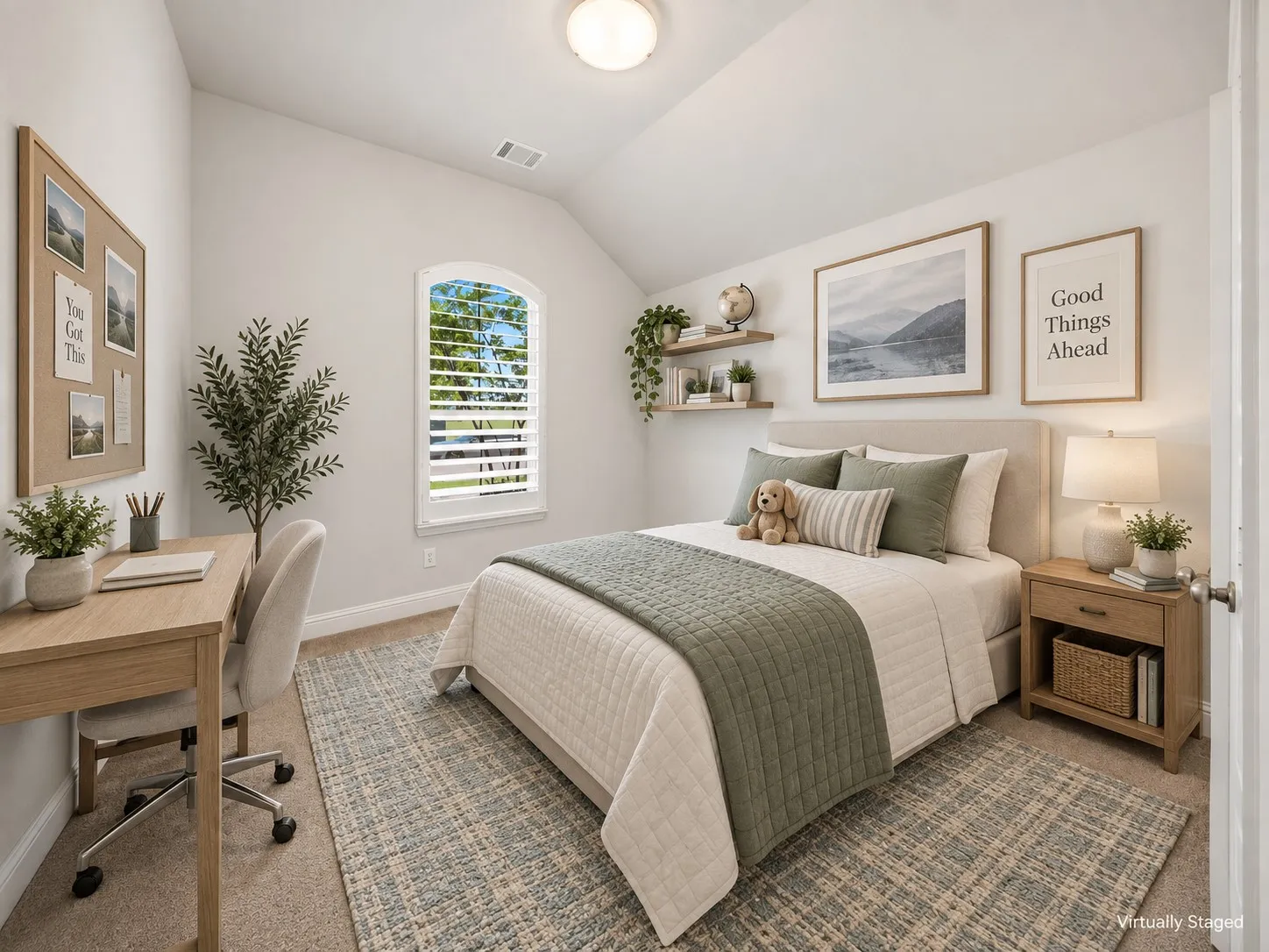 Arched window with louvered shutters, sloped ceiling, wood-finish desk, and floating wall shelves